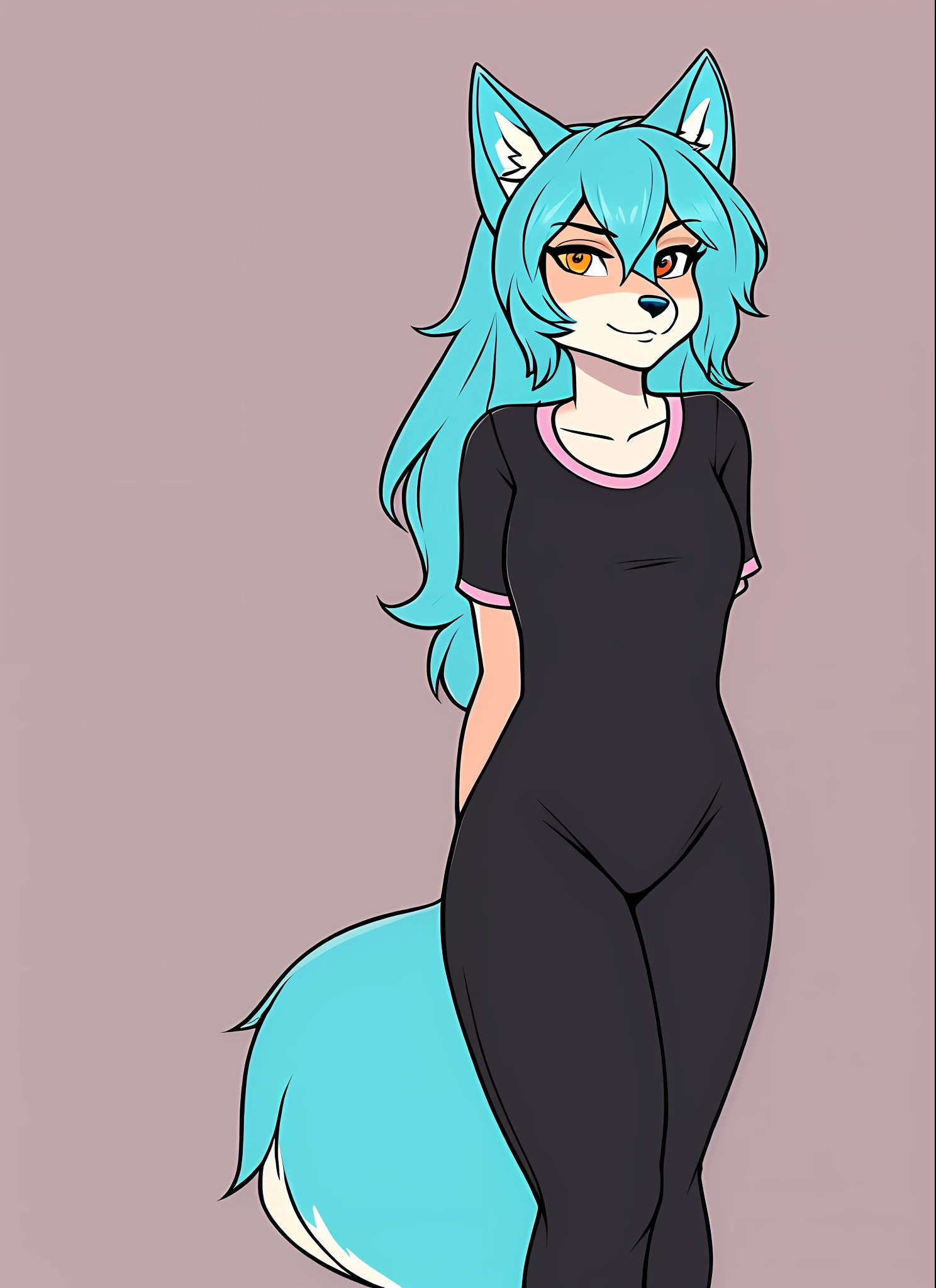 Hairy female, fox, anthropomorphic, Caauda, fox ear, white and cyan hair, pink shirt, black jumpsuit, Alone, brown and blue heterochromia,