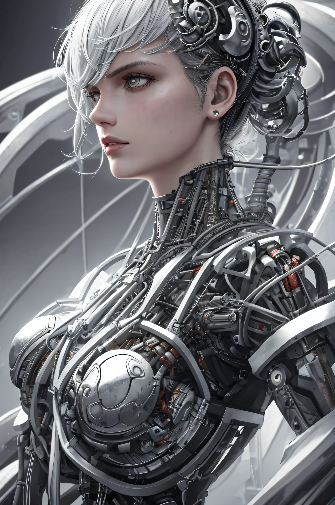 1mechanical girl,((ultra realistic details)), portrait, global illumination, shadows, octane render, 8k, ultra sharp,metal,intricate, ornaments detailed, cold colors, egypician detail, highly intricate details, realistic light, trending on cgsociety, glowing eyes, facing camera, neon details, machanical limbs,blood vessels connected to tubes,mechanical vertebra attaching to back,mechanical cervial attaching to neck,sitting,wires and cables connecting to head