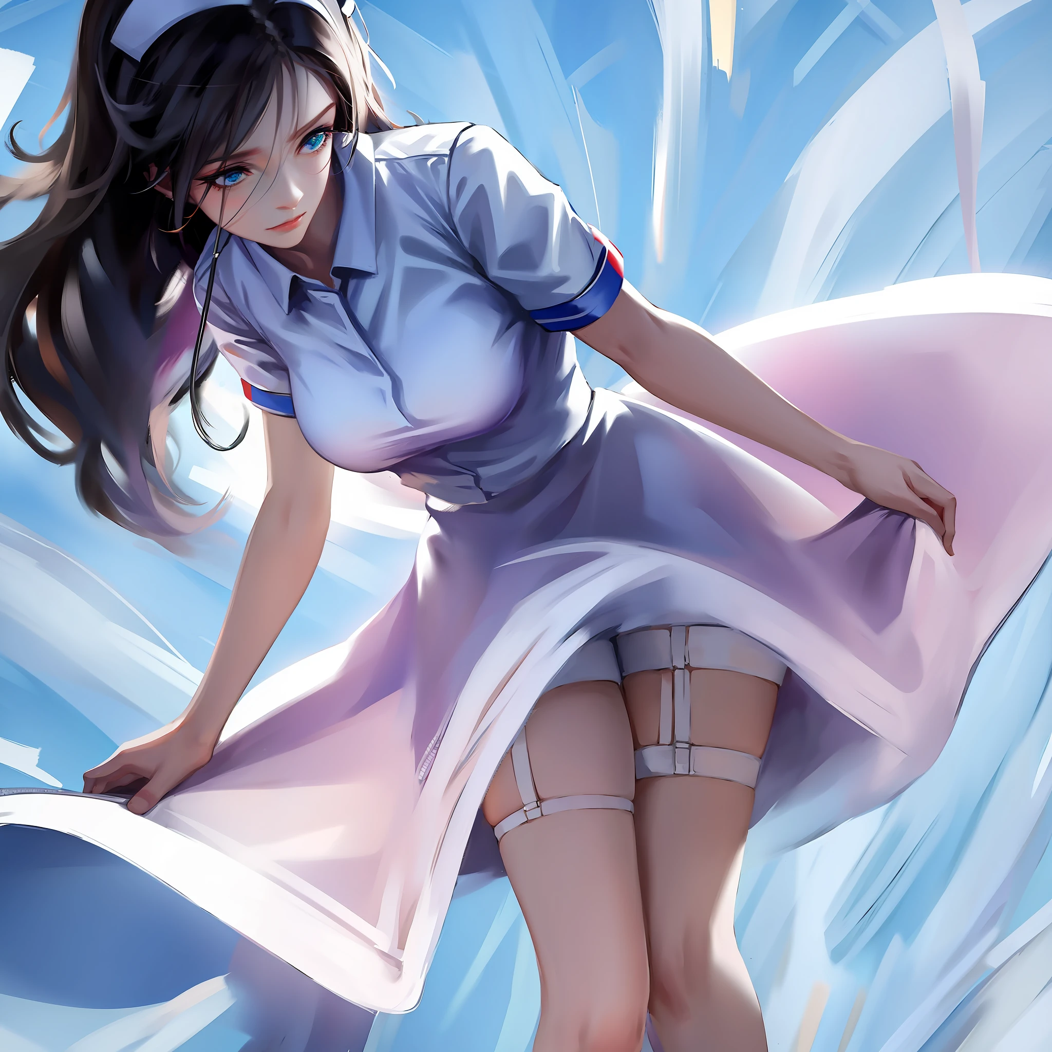 Top Quality, 8K Quality, Standing, Head Bowing, Female Nurse, Beauty, White Coat, Skirt Knee Length, Nurse Shoes, White Background