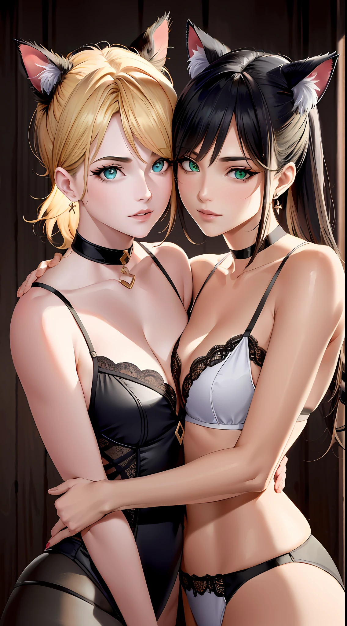 (masterpiece, best quality, 8k, sharp focus, depth of field, best shadows, perfect lights, HDR, realistic skin texture, hyper detailed background), (((2 women)), using catcosplay lingerie, (((hugging, catbrawl, friendly cat fight))), one woman has green eyes, white skin, black hair with ponytail, choker, small breasts, slim, makeup, Eyeliner, lipstick, the other woman is blond