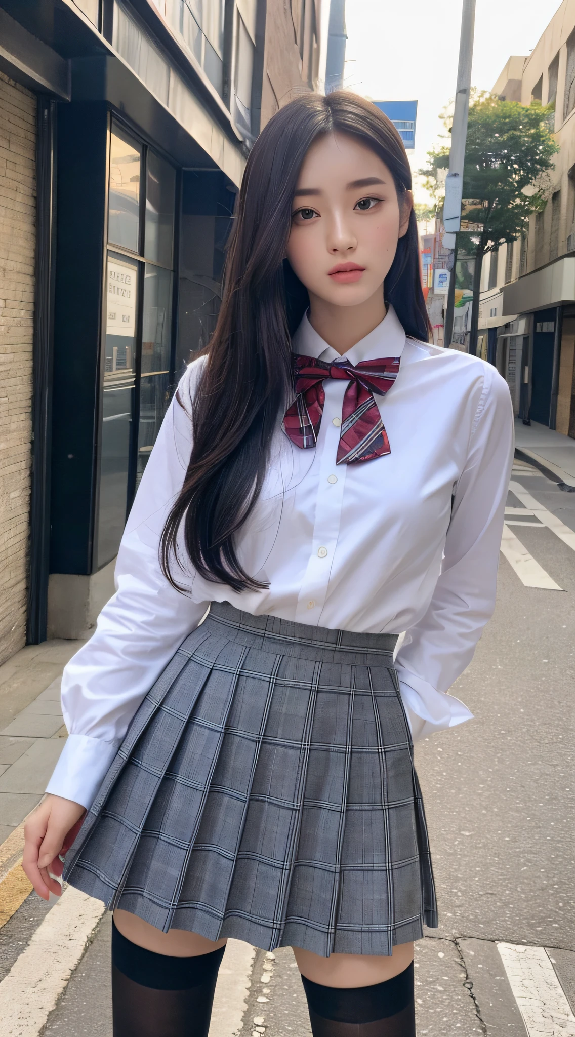 ((Top quality, 8k, Masterpiece: 1.3)), beauty, hidden face, 1 girl, beauty: 1.3, slender abs: 1.1, Japanese high school uniform, pure white shirt, full, plaid short skirt, bow tie, over-the-knee socks, long black hair, (standing in the old street), ultra-detailed face, highly detailed lips, detailed eyes, double eyelids, strict head and body proportions, detailed shirt buttons
