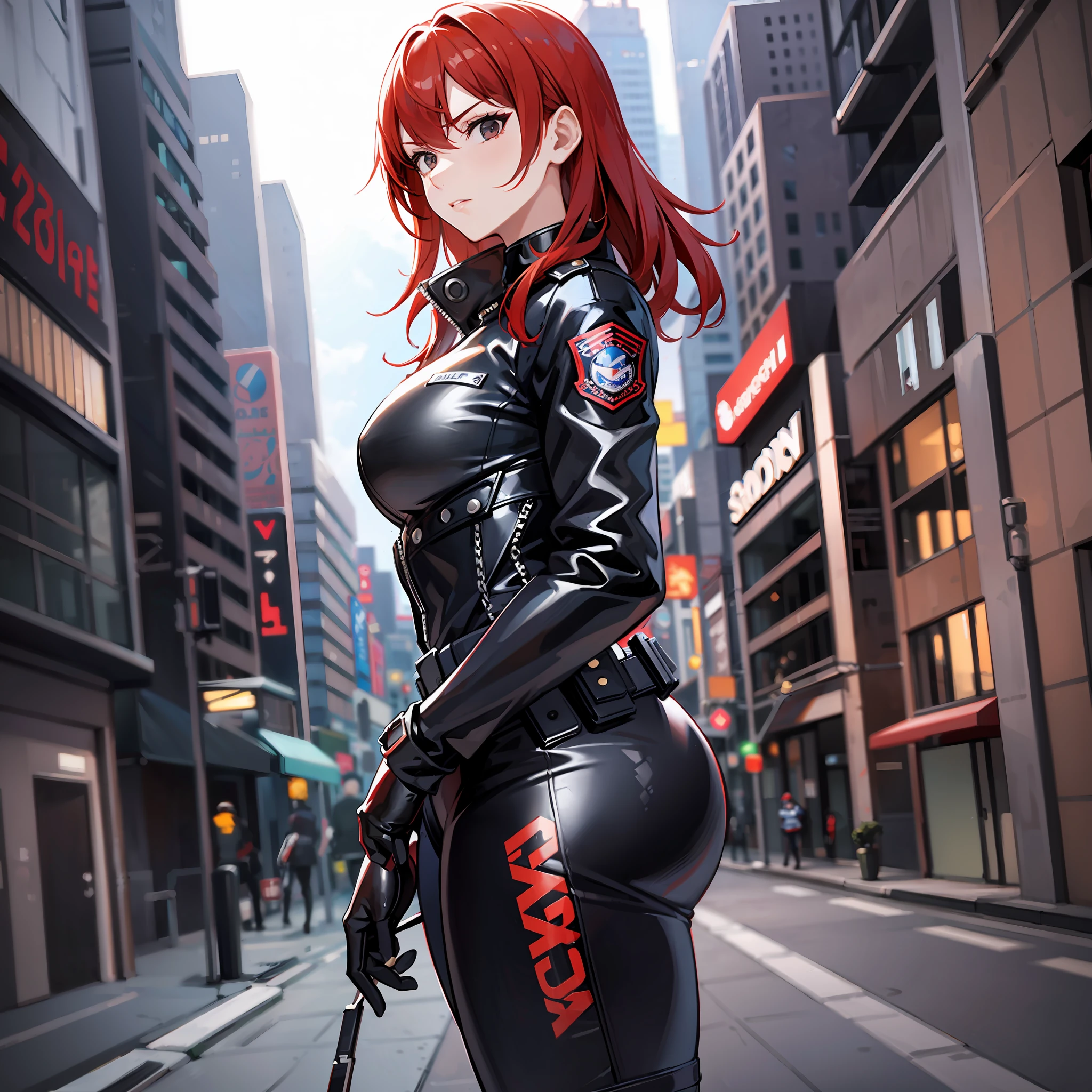 Police outfit, woman, red hair, black eyes, dynamic pose, serious, in the city, athletic body, sexy cop costume, latex
