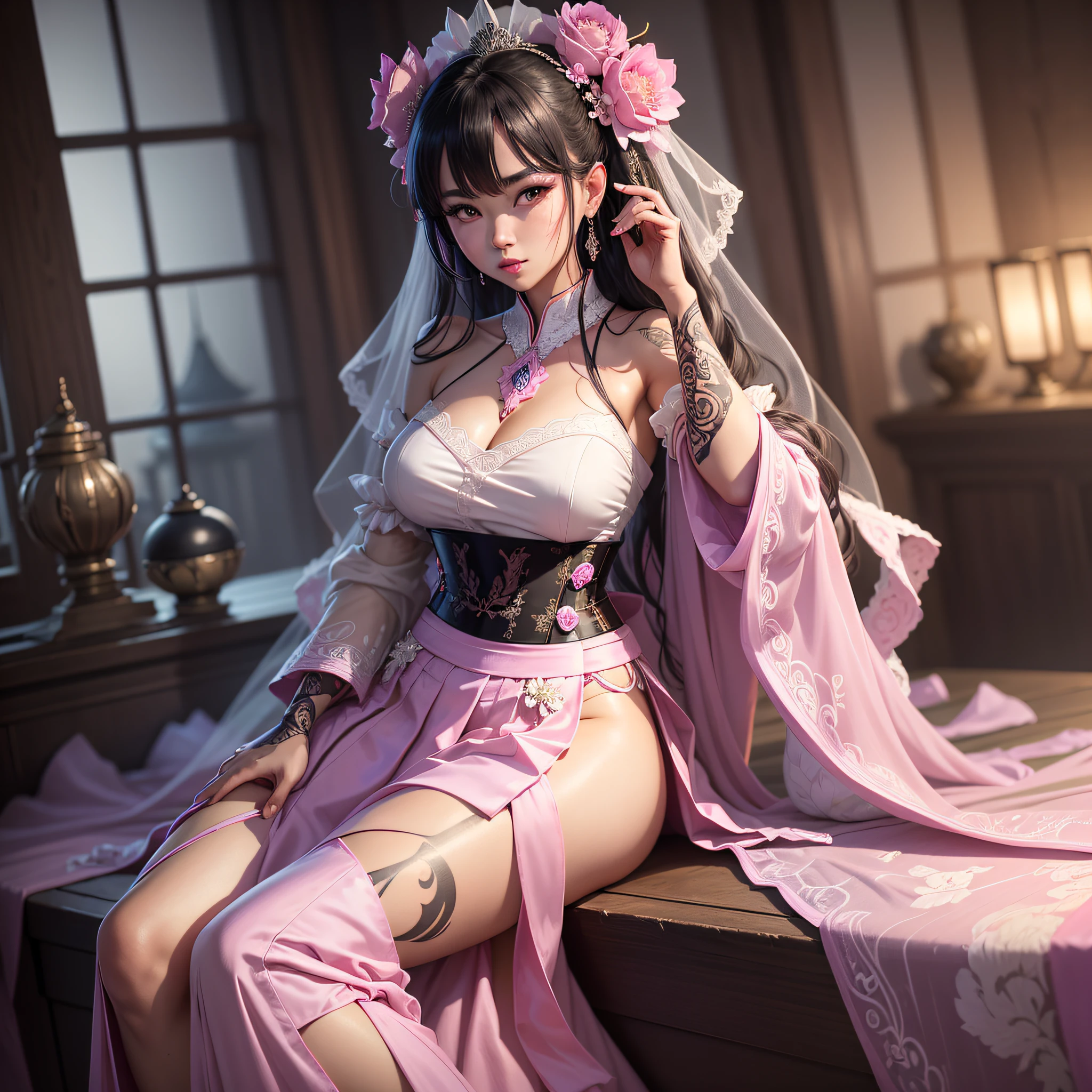 nighttime,full body,Genshin Impact:Yae Miko,(((Wearing palace wedding dress, Long skirt, large hem,Fabric: Chiffon ))), in Pink Rose Castle, Masterpiece,best quality,extremely detailed 3DCG, Cinema-4D ,8k,Photorealistic， ( ##tattoo ##,tattoo, ~+ tattoo), (erfect female curves),(A seductive gaze), Facing the camera, Pink lips,Blacklight lighting,