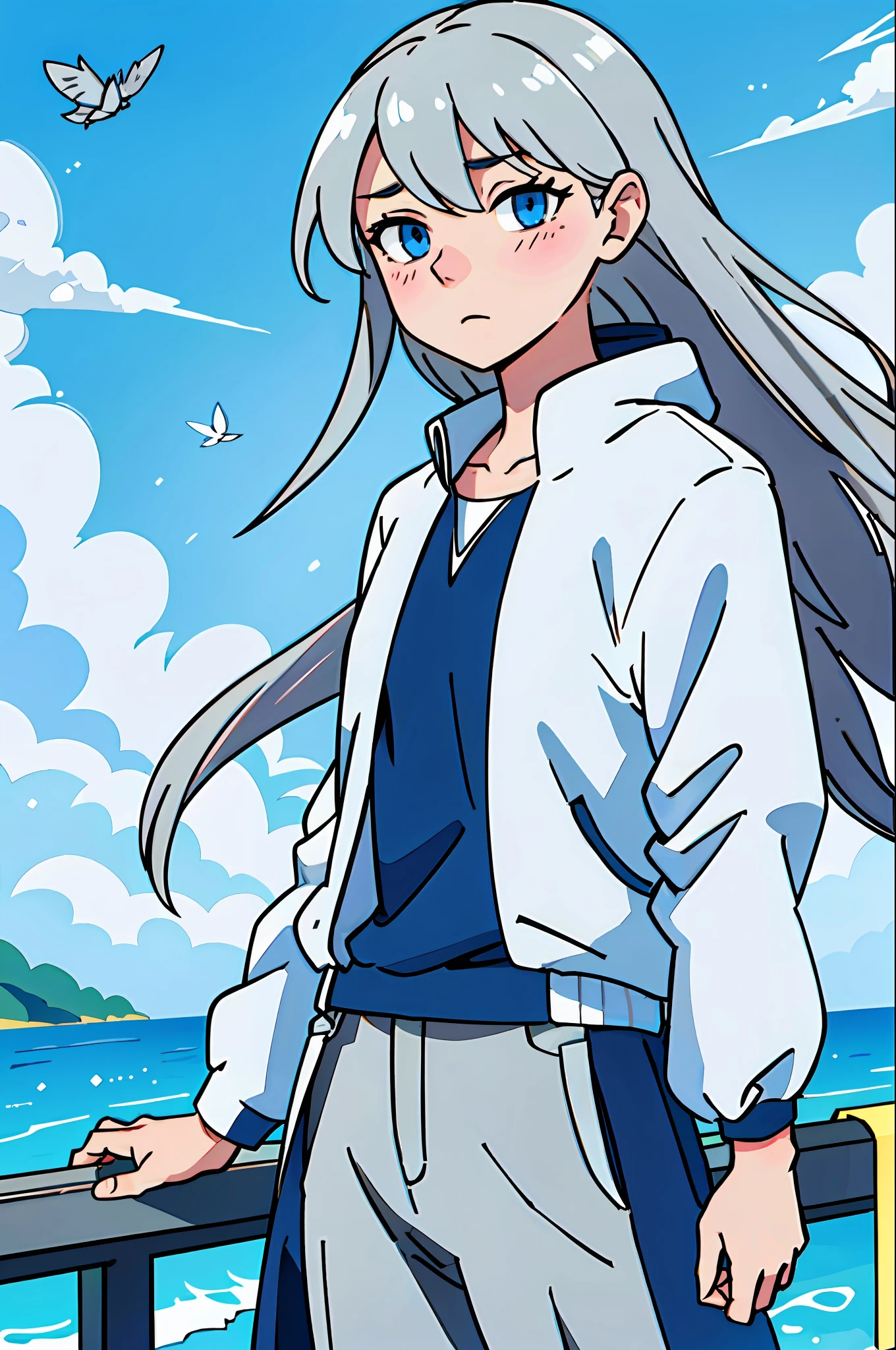 Gray hair, blue eyes, long hair fluttering in the wind, gentle expression, subtle blush
