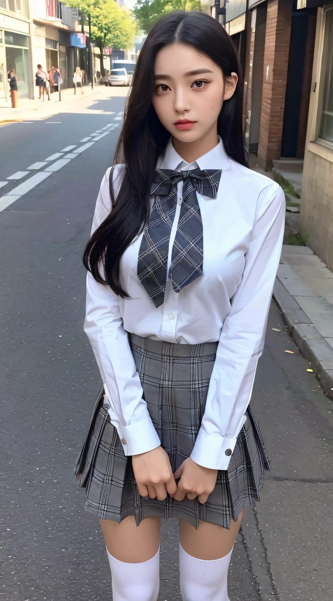 ((Top quality, 8k, Masterpiece: 1.3)), beauty, hidden face, 1 girl, beauty: 1.3, slender abs: 1.1, Japanese high school uniform, white shirt, full, plaid short skirt, bow tie, over-the-knee socks, long black hair, (standing in the old street), ultra-detailed face, highly detailed lips, detailed eyes, double eyelids, strict head and body proportions, detailed buttons