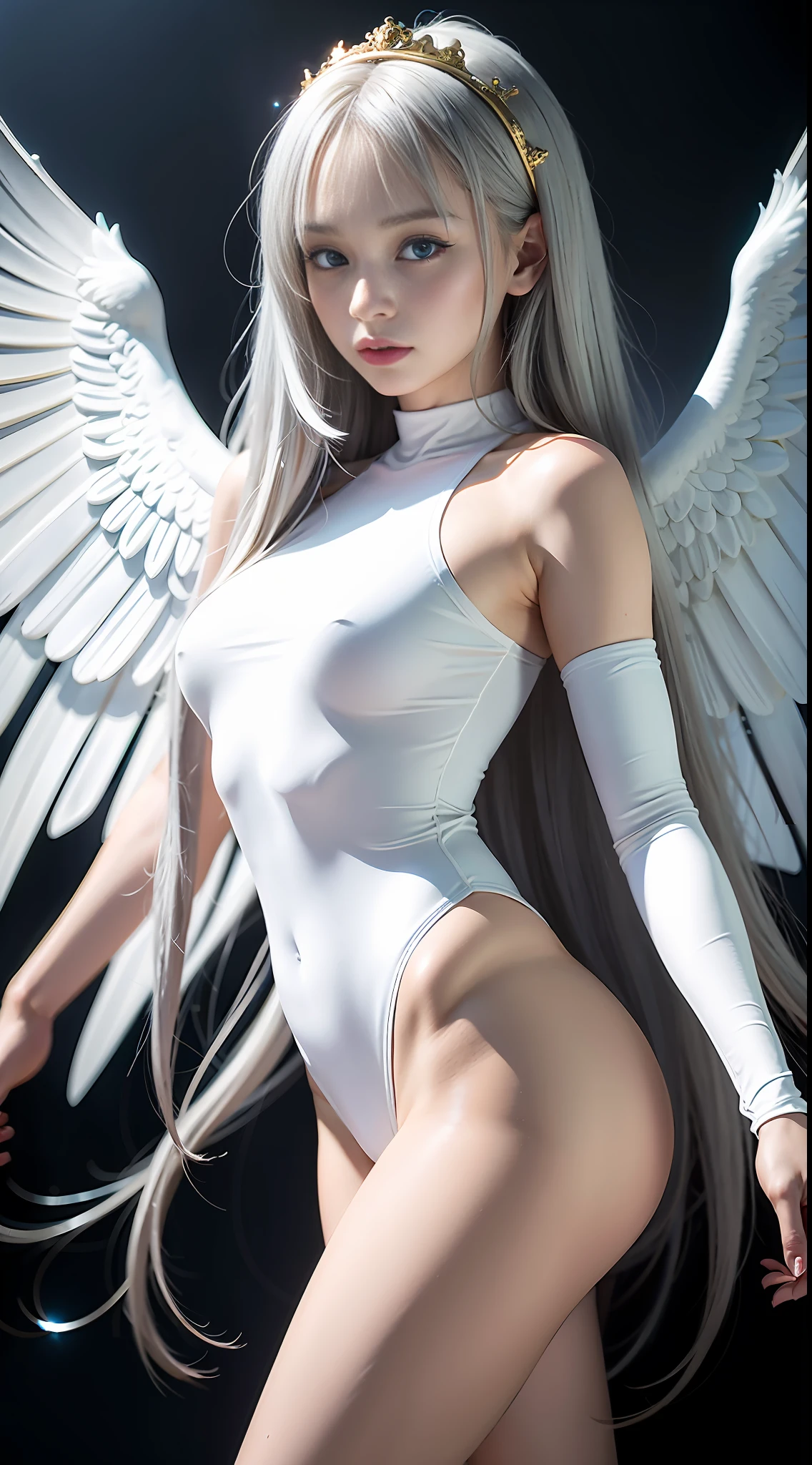 Best Quality, SLR, Big (1.55), White Bodysuit, Big Wings (1.5), Blue Eyes, Gold Eyes, White Wings, Best Body, Japan Person, Gray Hair, Long Hair, Body Lines