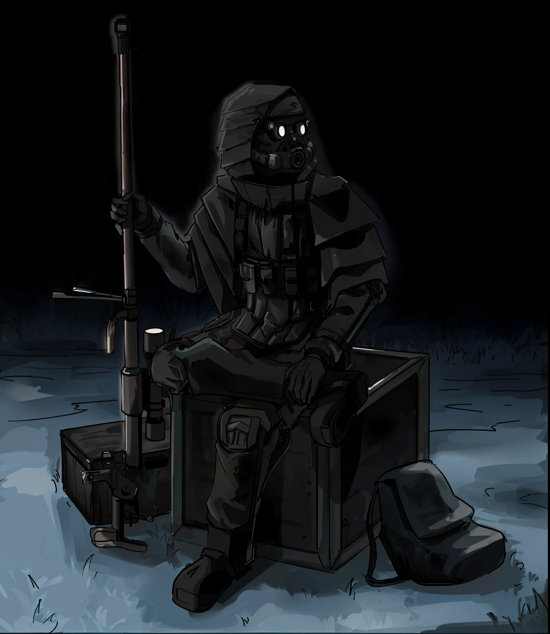 cartoon of a man sitting on a suitcase with a gun, dark concept art, dark high-contrast concept art, eerie nostalgic concept art, post - apocalyptic scavenger, scp 3008, fps game concept art, from metal gear, photo of scp-173, escape from tarkov, the night war rages behind him, in tarkov