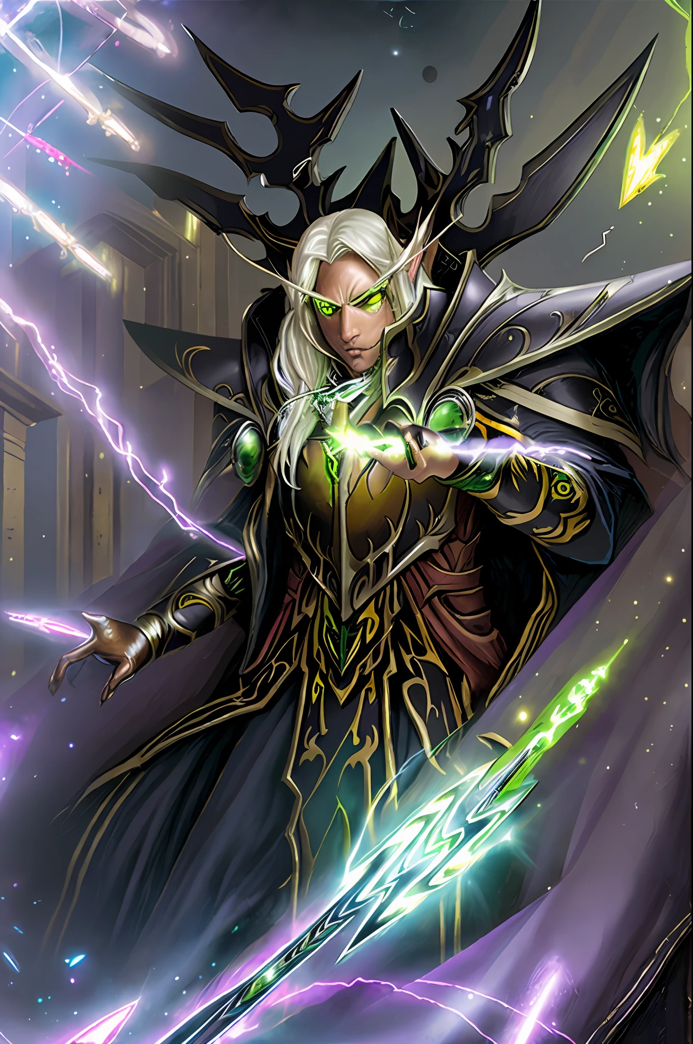 ((best quality)), ((masterpiece)), (detailed),
1man, electricity, energy, bright, bright eyes, green eyes, lightning, magic, pointy ears, silver hair, grayish skin, all-black clothing, Kaelthas, dark tones, 
Vampire aspect