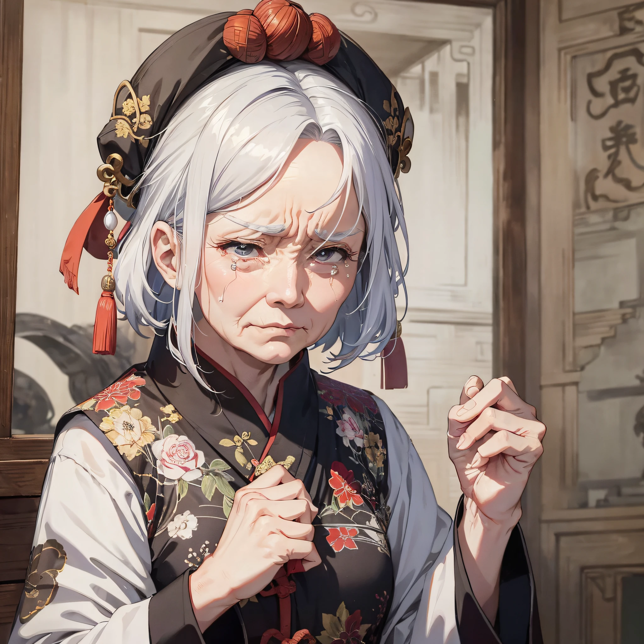 In ancient China, in the mansion, an eighty-year-old woman with white hair (1.5) with a crying expression (1.5)