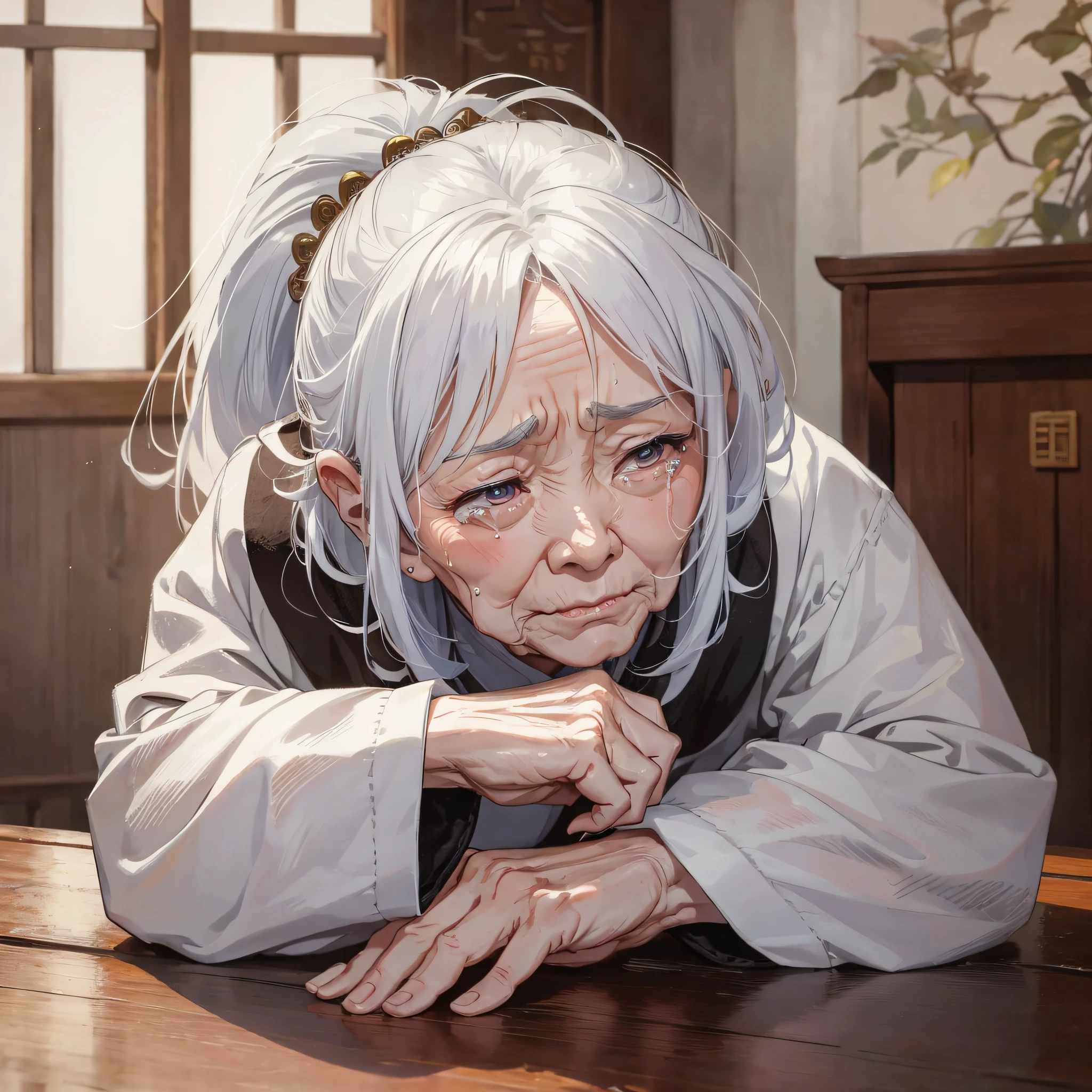 In ancient China, in the mansion, an eighty-year-old woman with white hair (1.5) with a crying expression (1.5)