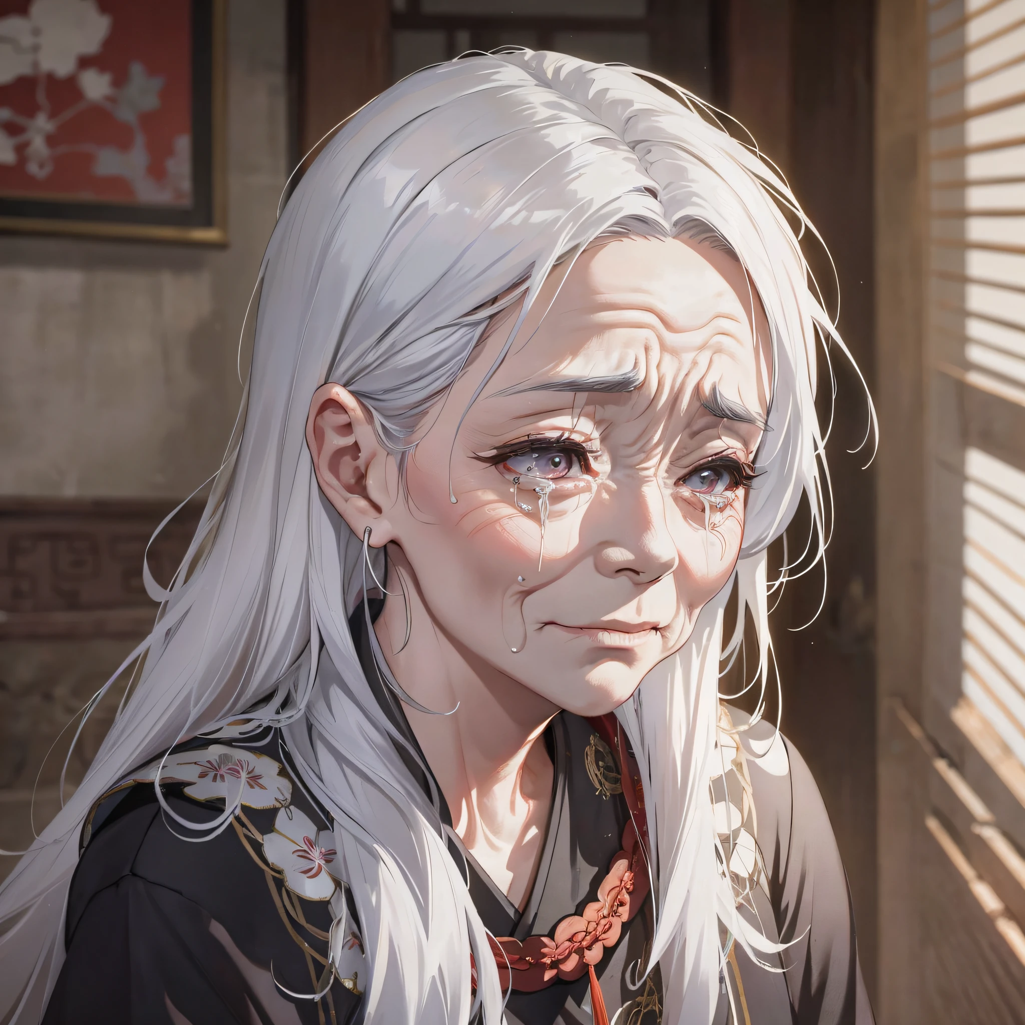 In ancient China, in the mansion, an eighty-year-old woman with white hair (1.5) with a crying expression (1.5)