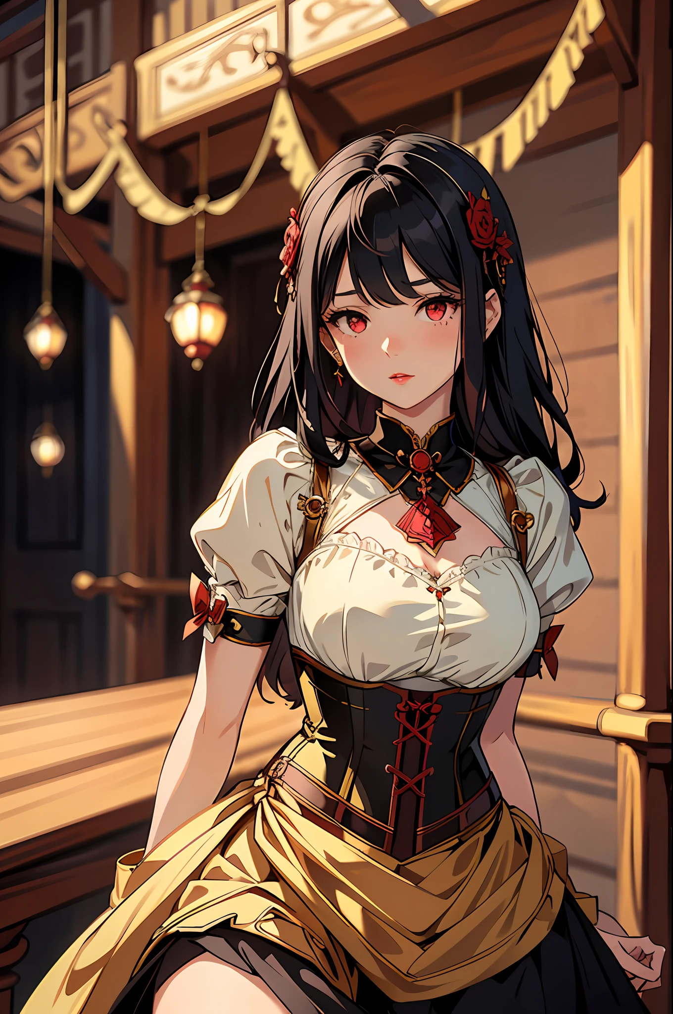 best quality, masterpiece, (extremely delicate and beautiful:1.2), 
blurry background, looking at viewer, 
1girl, solo, fashi-girl, red lips, blush, bdsm, bodysuit, corset, shibari, handcuffs, collar, (suspension:1.6), breasts out, bound arms, arms behind back, restrained, leaning forward, yellow eyes, black hair, glowing eyes yellow