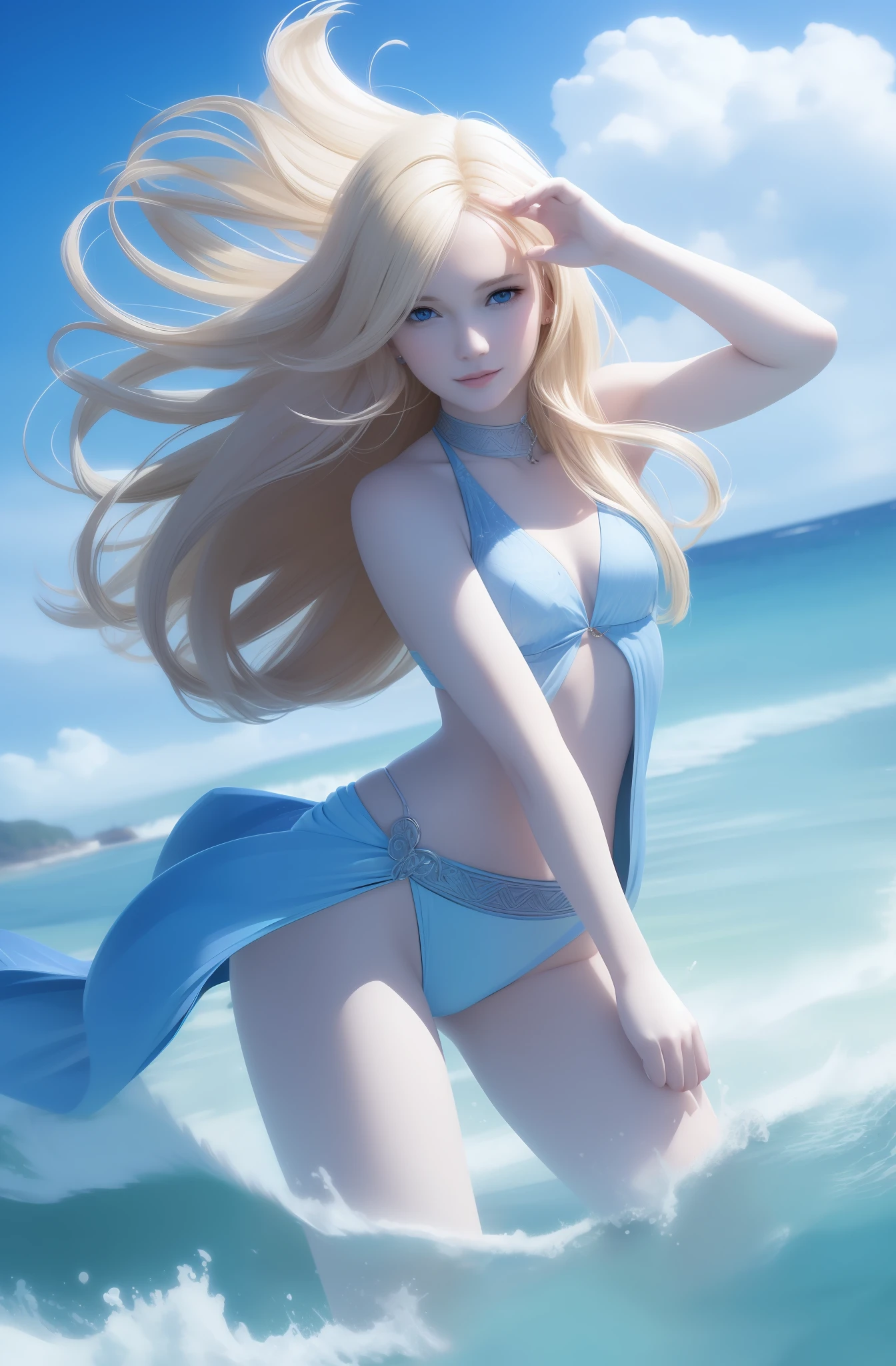 pretty woman, blonde hair blown by the wind, shining blue eyes, realistic, masterpiece, high definition, 4k, beach background, high definition light, small smile, white skin