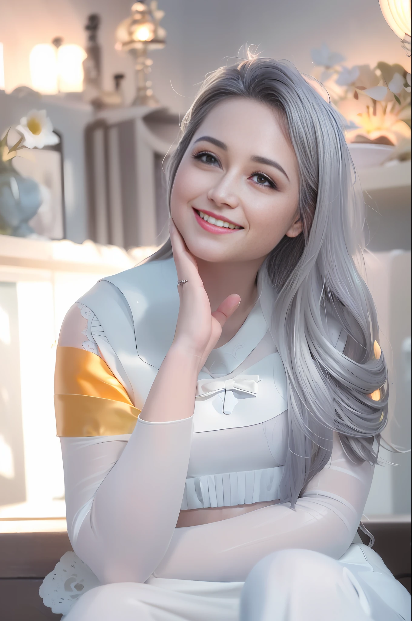 masterpiece, best quality, illustration, {beautiful detailed girl}, beautiful detailed glow, (flame of war: 1.2), (nuclear explosion behind: 1.3), rain, detailed lighting, detailed water, (beautiful detailed eyes: 1.1), expressionless, palace, azure hair, disheveled hair, long bangs, hair between eyes, (white and gray dress: 1.1), black ribbon, white bow ties, belly, big forehead, blank look, flower, long sleeves, depth of field, cinematic lighting, motion blur, HD, anatomically correct, ccurate, super detail, high details, award winning, best quality
