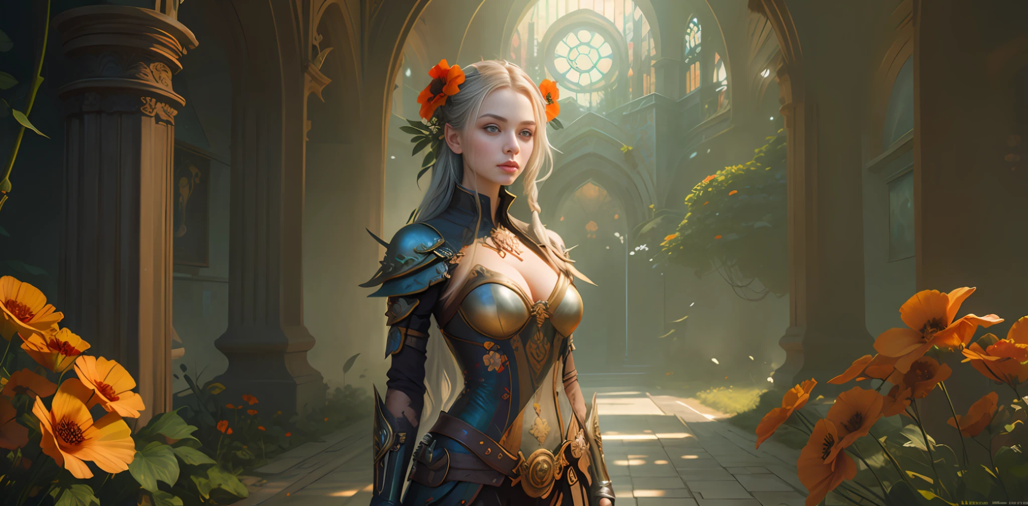 360 panorama, flowers by Casey Weldon, Olga Kvasha, Miho Hirano, very delicate and intricate gothic art in vogue at Artstation Triadic Color Unreal Engine 5 detail matte painting, deep colors, fantastic and intricate details, splashscreens, complementary colors, fantasy concept art, 8K resolution, Gothic Debian art masterpieces, (Dark Shot:0.9), art by Greg Rutkowski and Artgerm, soft cinematic light,  Adobe Lightroom, Photolab, HDR, Complex and highly detailed, Poppy