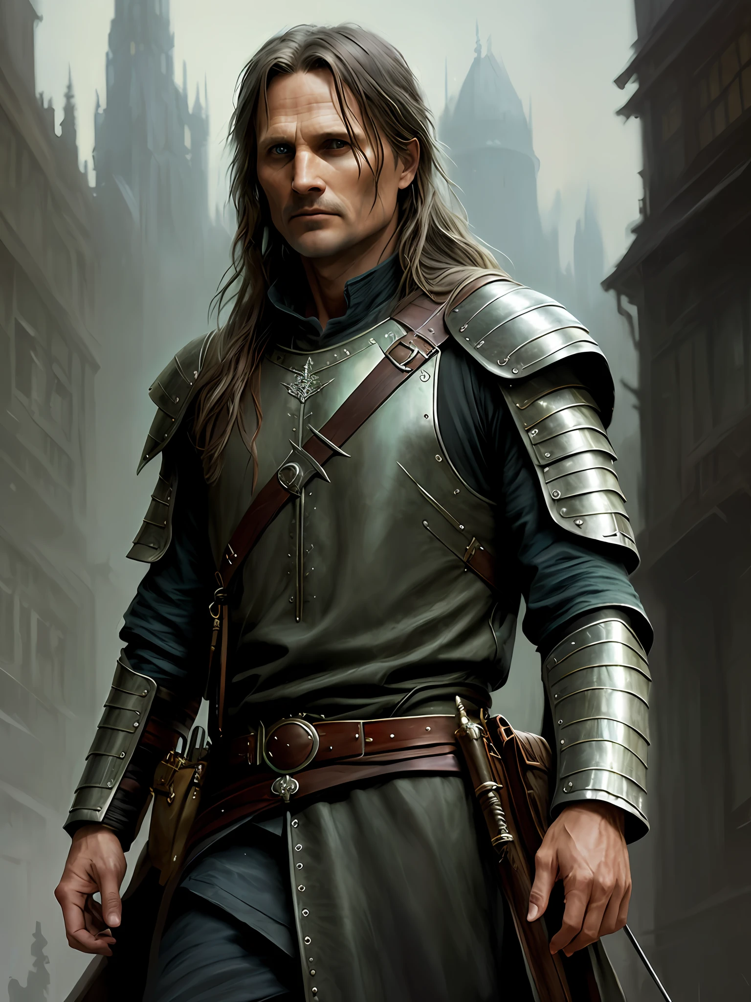 High detail RAW color art, animation,
(Viggo Mortensen:1.2) as Aragorn of LOTR,
long hair, creak, light leather armor,
magical atmosphere, (detailed skin, skin texture), intricately detailed, fine detail, hyperdetailed, raytracing, subsurface scattering, diffuse soft lighting, shallow depth of field, by (Oliver Wetter)
Atey Ghailan, by Jeremy Mann, Greg Manchess, Antonio Moro, trending on ArtStation, trending on CGSociety, Intricate, High Detail, Sharp focus, dramatic, photorealistic painting art by midjourney and greg rutkowski, bokeh on background