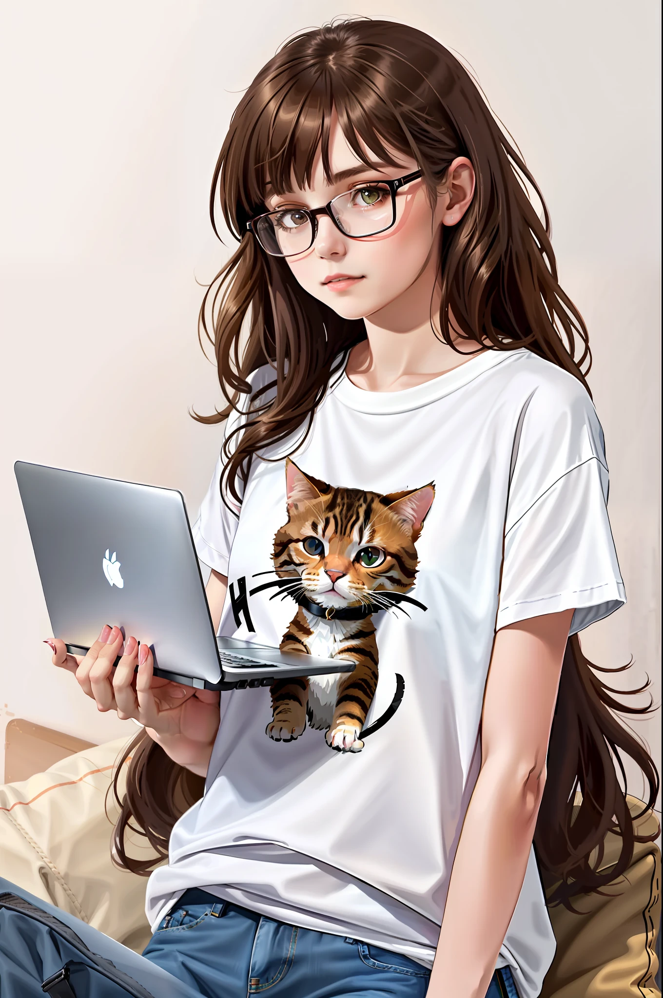 T-shirt sticker, vector. Detail 8 K. Brunette girl in glasses with long dark hair, holding a laptop in her hands. A tabby cat sits nearby.
