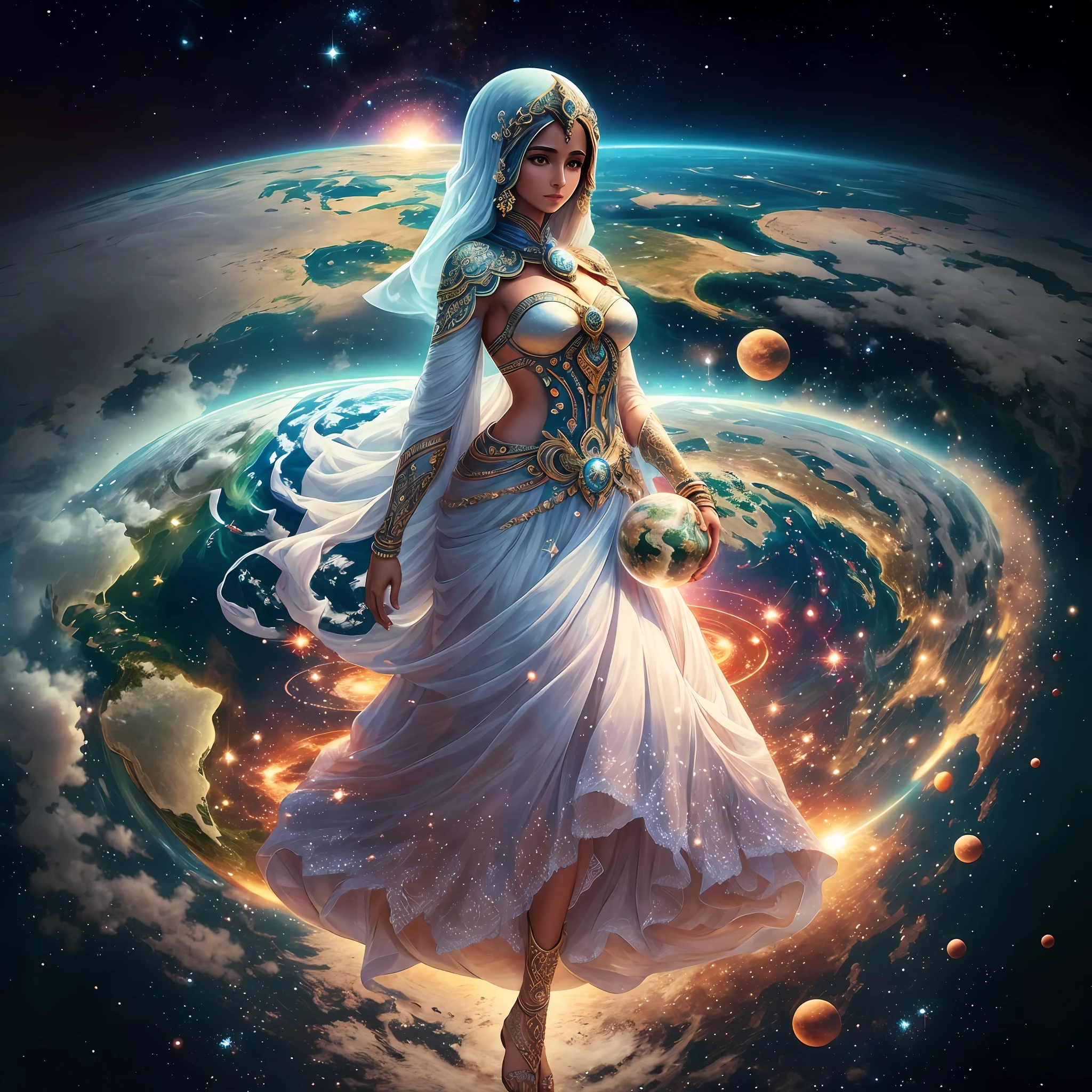 Goddess of planet earth, Woman with planet earth floating in her hands, 8k, intricate details --auto --s2