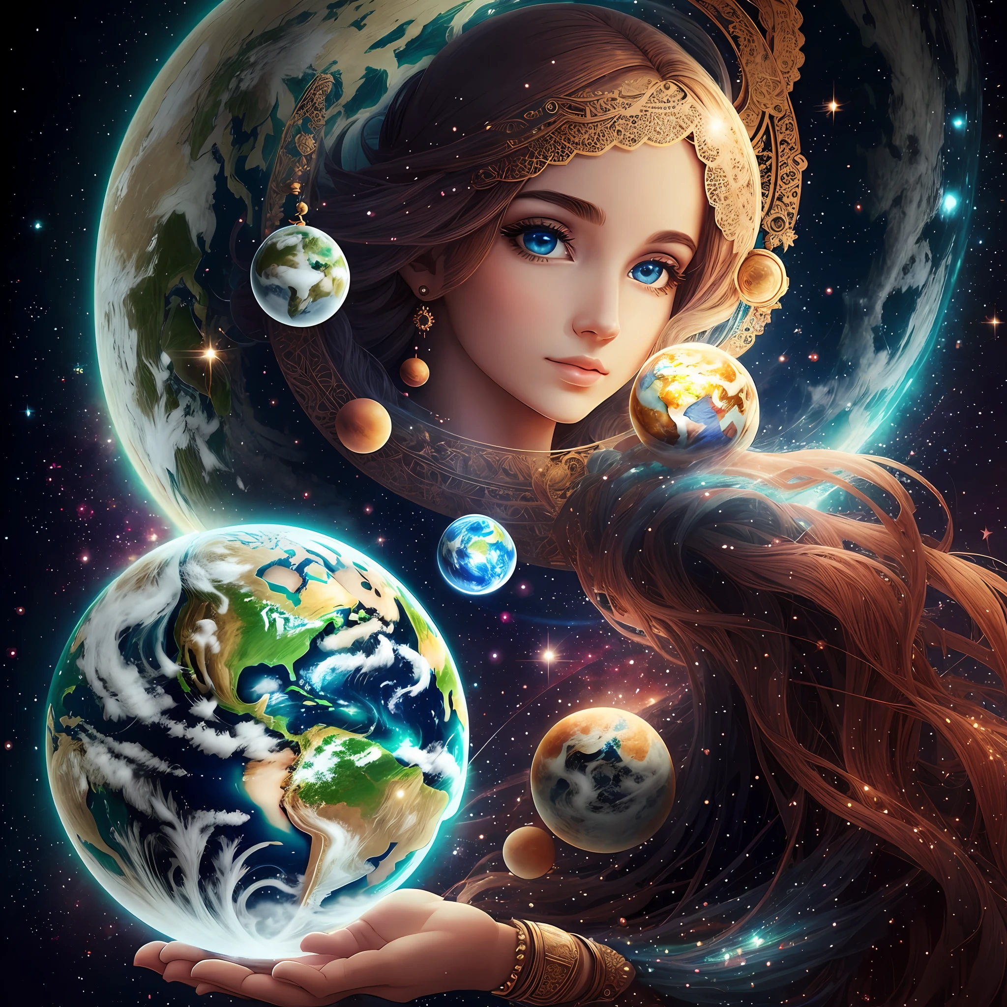 Goddess of planet earth, Woman with planet earth floating in her hands, 8k, intricate details --auto --s2