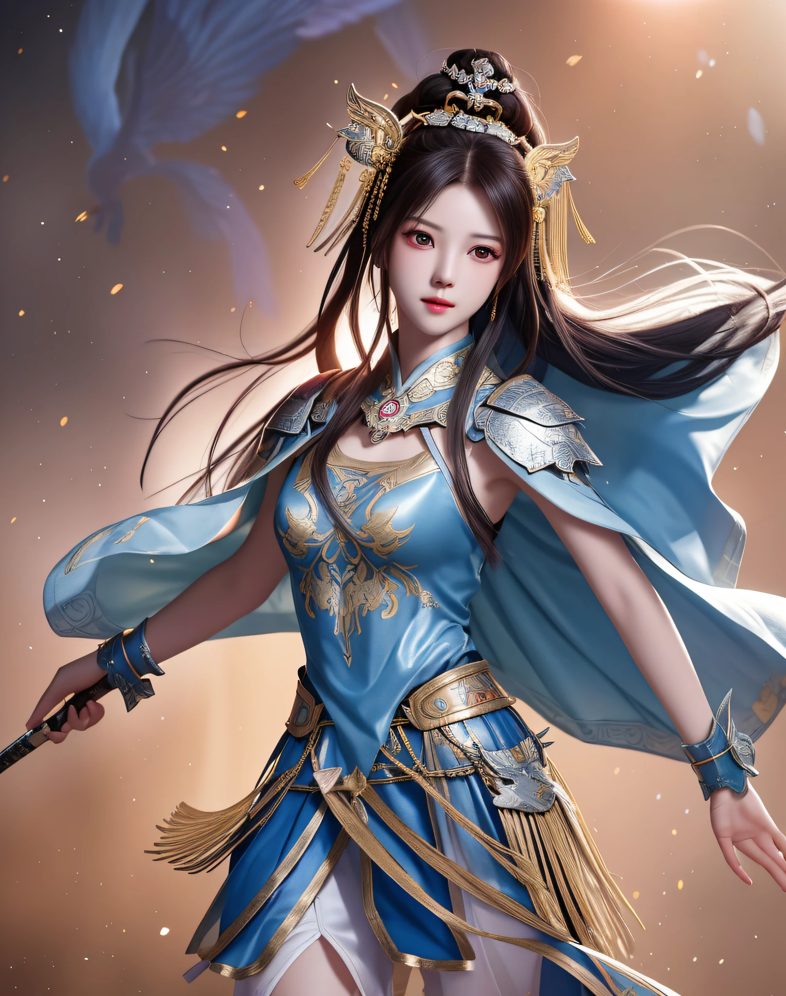 best quality, masterpiece, high resolution, 1girl, ancient chinese battlefield background, metal armor, cape, metal collar, ancient spear, hair ornament, necklace, jewelry, beautiful face, upon_body, tyndall effect, realistic, dark studio, edge lighting, duotone lighting, (high detail skin:1.2), 8k uhd, dslr camera, soft lighting, high quality, volumetric lighting, frank, photos, high resolution, 4k, 8k, bokeh, silver bikini armor, Ancient metal spear, chest embroidered phoenix, metal cuirass, tight, bare arms, weapons, short bracers, stockings, weapons
