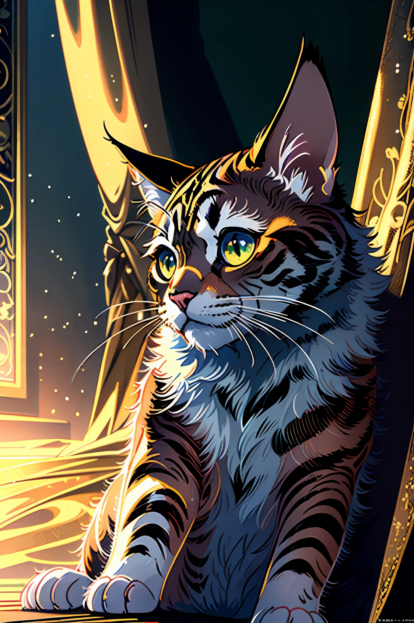 (masterpiece), (best quality), (official art, extremely detailed CG unity 8k wallpaper), (highly detailed), ((absurdres)),((cat)),extremely detailed eyes,queen of ecstasy,goddess,powerful,majestic,style of madhouse studio anime,fantasy,medieval,curtains,respectful expression,calm,