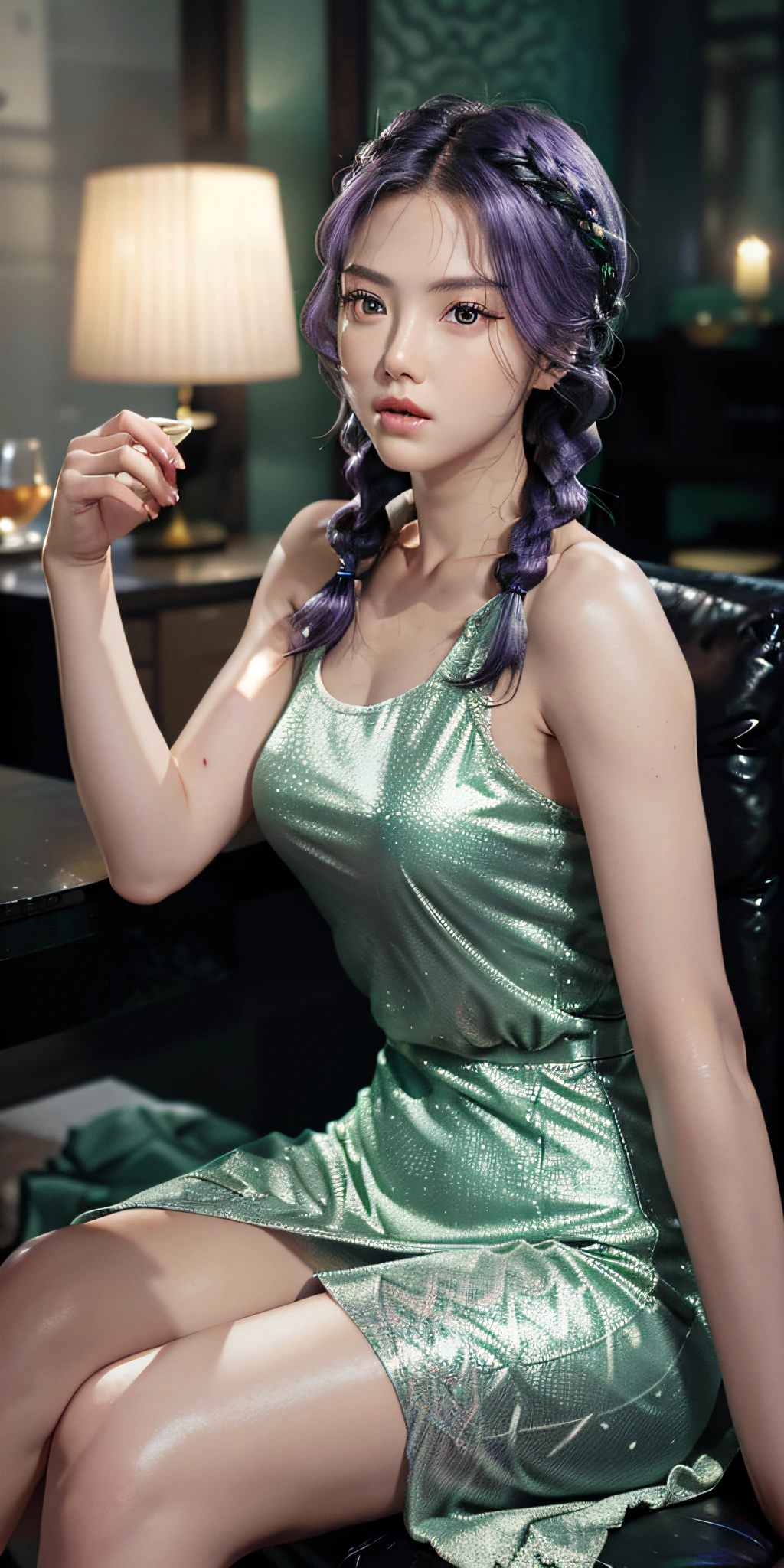1 woman, 2 hands, 2 strips, legs superlative, masterpiece, gray purple hair, golden eyes, light green dress, looking up, sitting, hair, fair skin, side braids