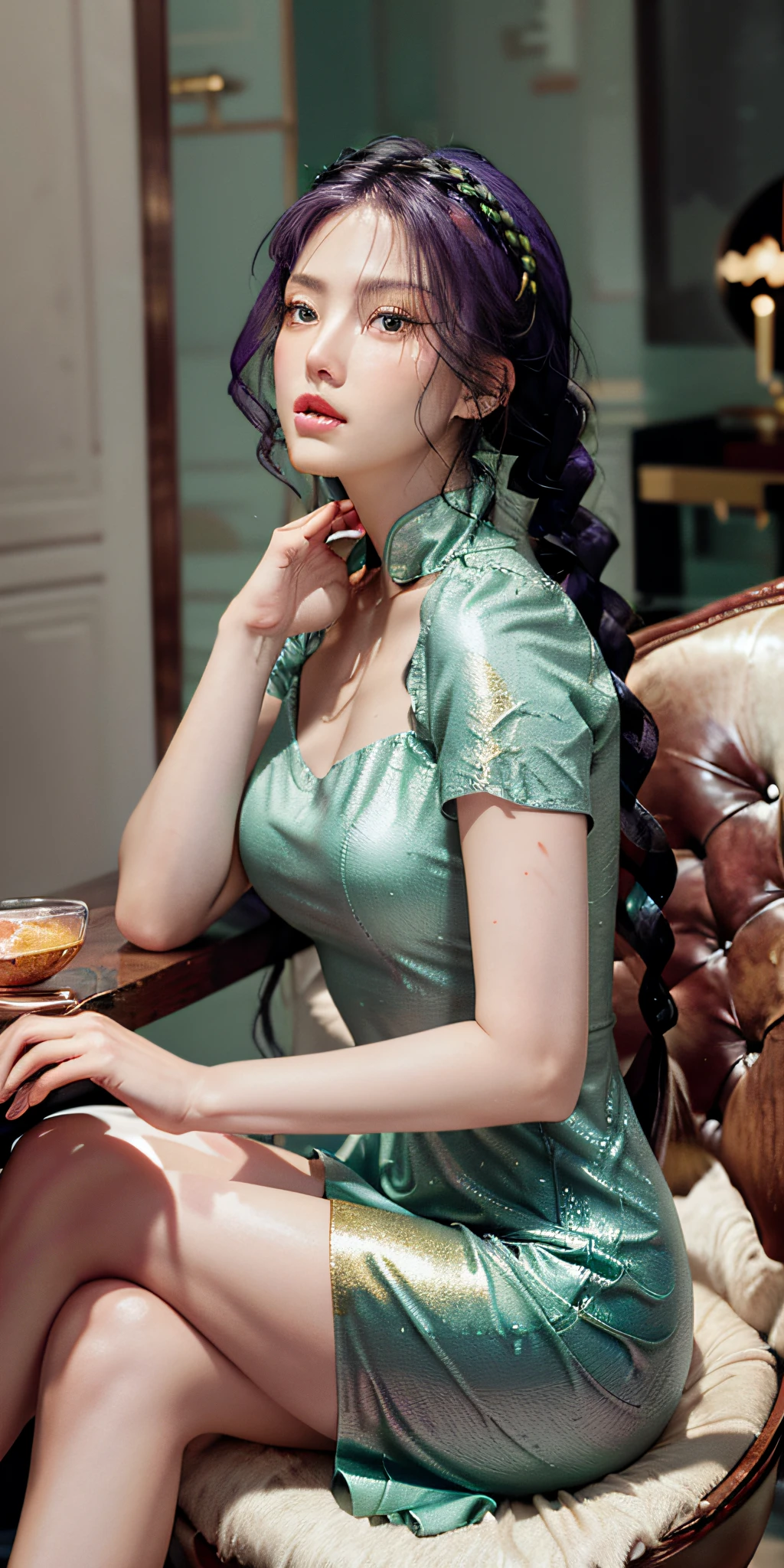 1 woman, 2 hands, 2 strips, legs superlative, masterpiece, gray purple hair, golden eyes, light green dress, looking up, sitting, hair, fair skin, side braids