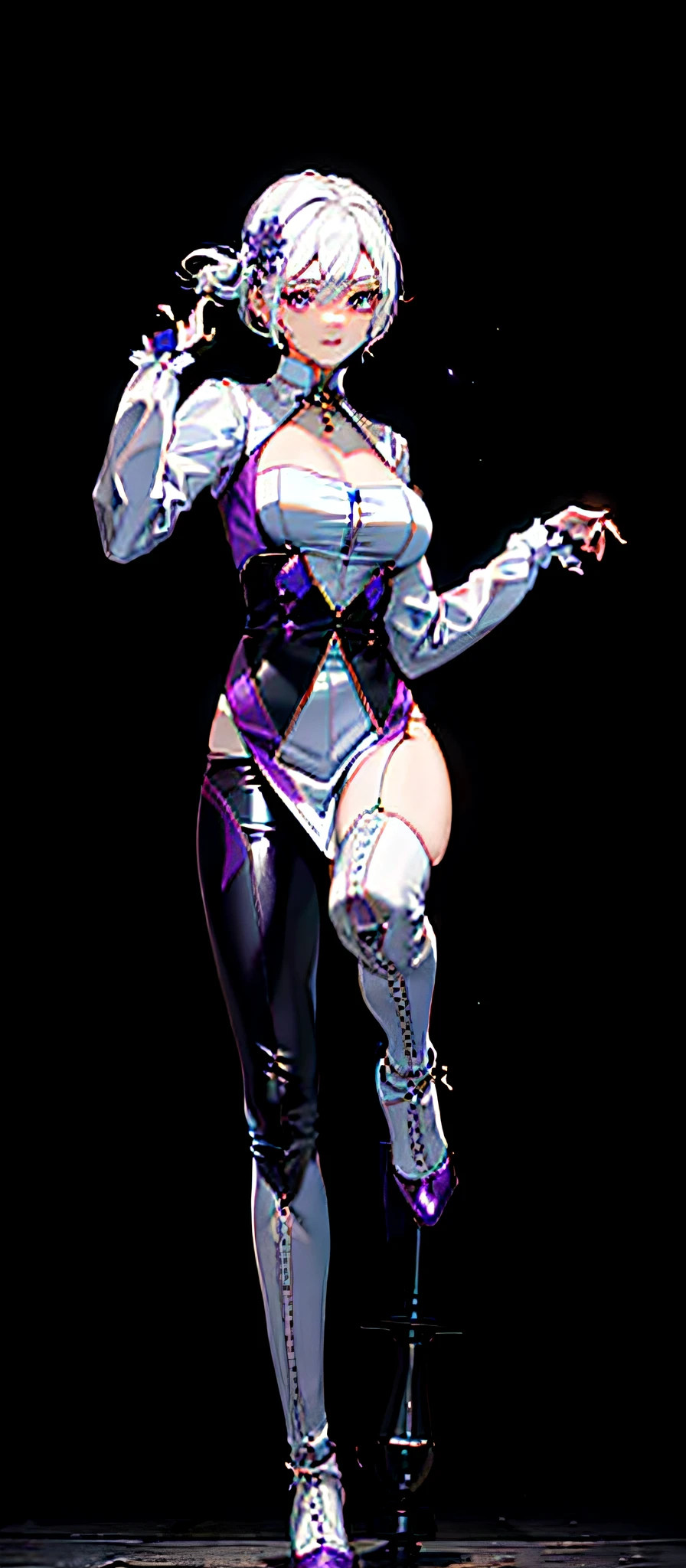 White hair, purple eyes, movements consistent with pictures