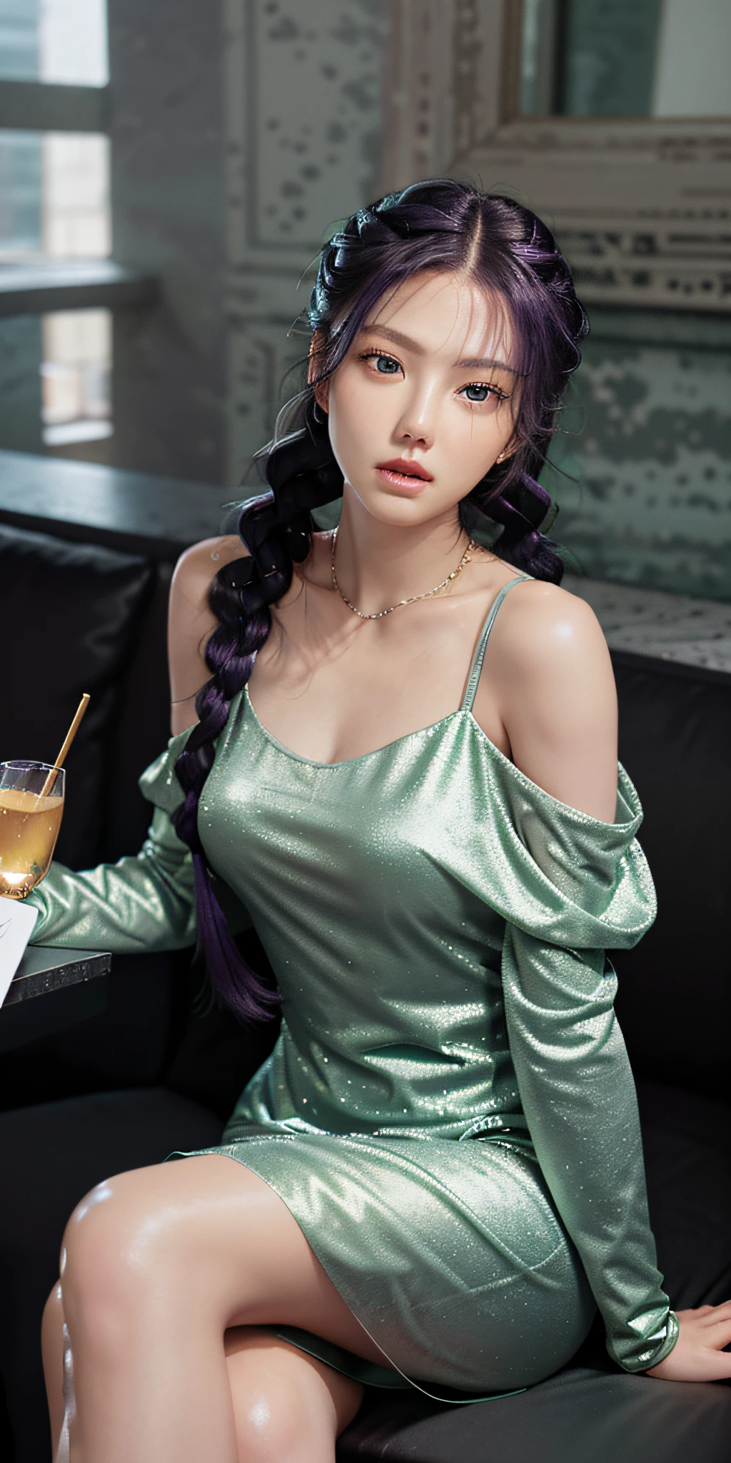 1 woman, 2 hands, 2 long legs, superlative, masterpiece, gray-purple hair, golden eyes, light green dress, looking up, sitting, hair, fair skin, side long braids