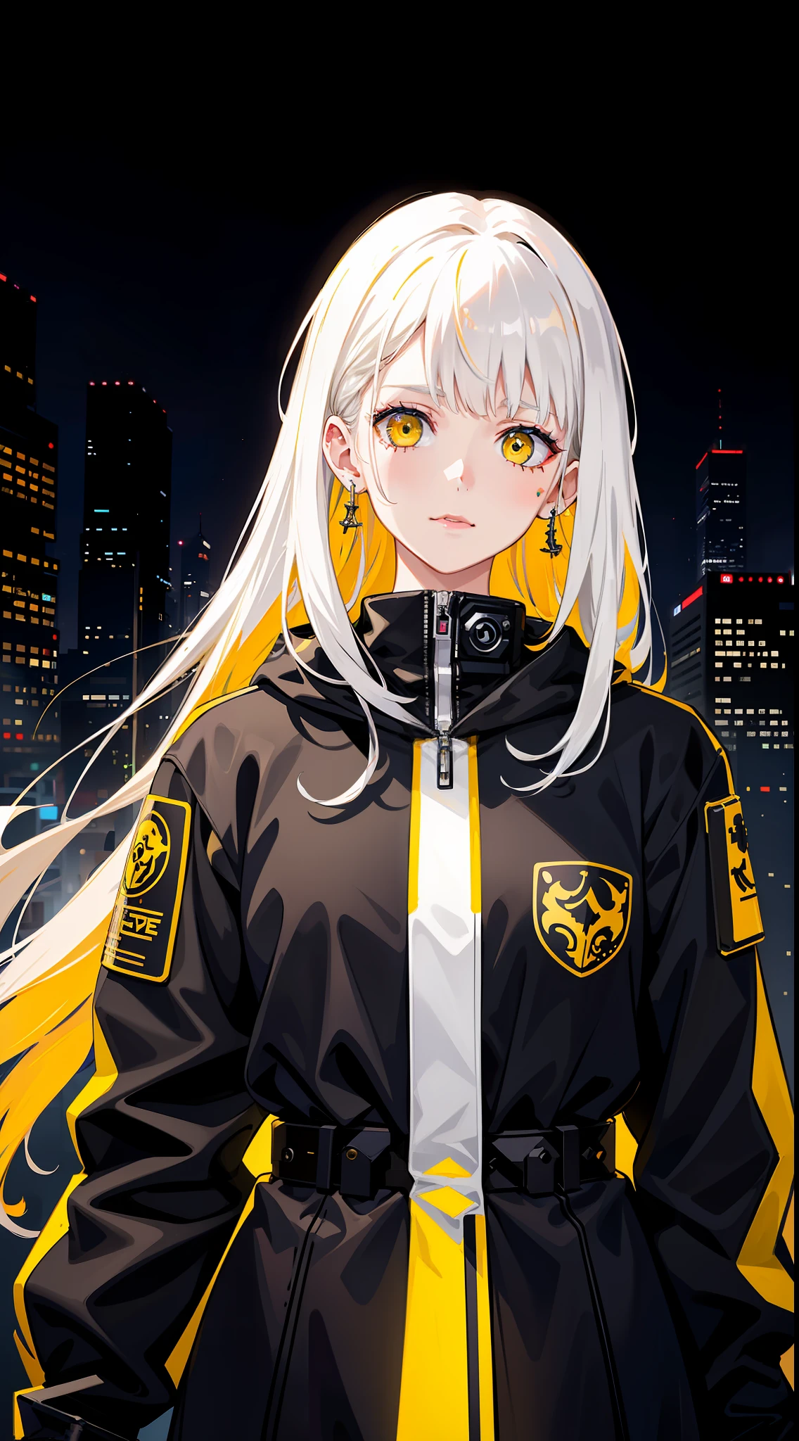 1 Girl, Solo, Colorful, Yellow Eyes, Cyberpunk, Mechanical Scrap Zone, Cityscape, Stud Earrings, Long Messy White Hair, Mechanical Hat, Mechanical Body, Robotic Arm, Mecha, Robot, Mechanical Maiden, Neon Lights, Beautiful Lights, Character Focus, CG Illustration, Bust Shot, 8k Resolution, Very Detailed, Anatomically Correct, Digital Painting, Concept Art, Clear Picture