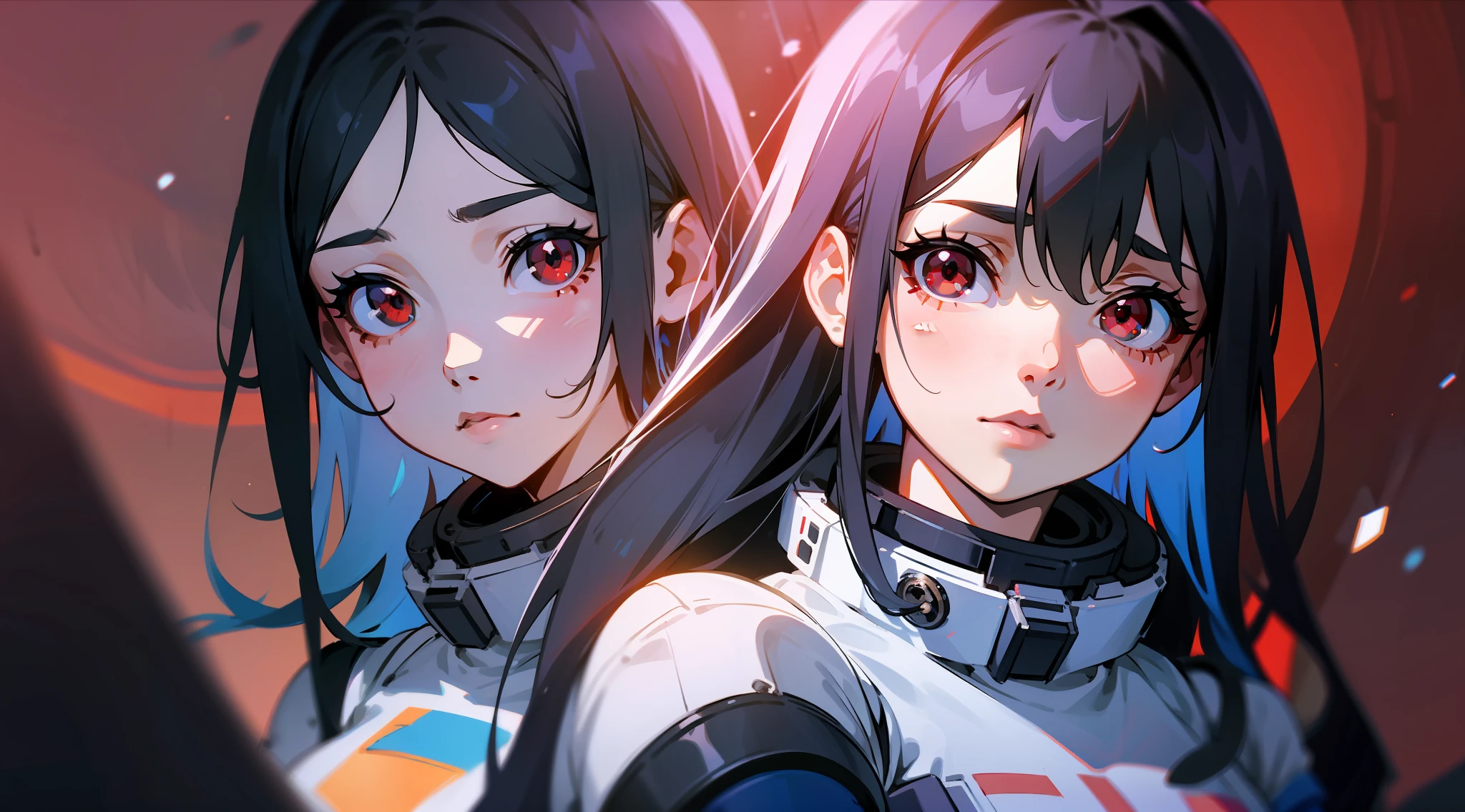 1girl, flat chest, cute, beautiful and detailed eyes, life on the space station, mirror props, shiny hair, visible through hair, hair between the eyes, white monochrome, , Soviet Union, communism, black hair, red eyes, vampires, girl, poor breasts, space suit: blurred foreground, HD, depth of field, bokeh, bust, medium shot, 56mm lens