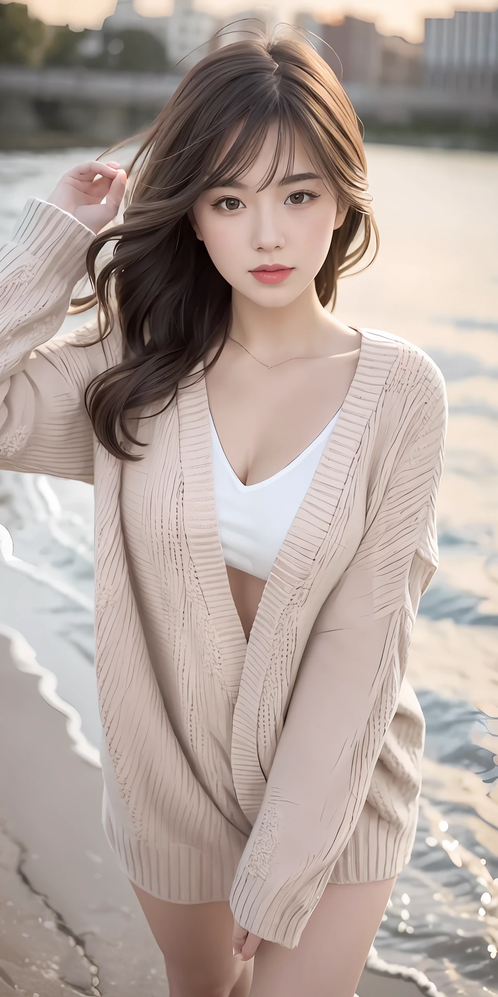 1girl walking on the river, mix4, sweater, pillow, lips, open_mouth, realistic, photo_\(medium\), solo, stuffed_animal, stuffed_toy, teddy_bear,(masterpiece),(photorealistic:1.3), ultra-detailed, (high detailed skin:1.2),(best quality:1.0), (ultra highres:1.0), (ulzzang-6500:0.3), wavy detailed hair, long hair, sunshine, (beautiful detailed makeup), (sexually aroused blushing heavy breathing:1.0), floral theme flower petals scattered, (soft glow bloom:0.5)