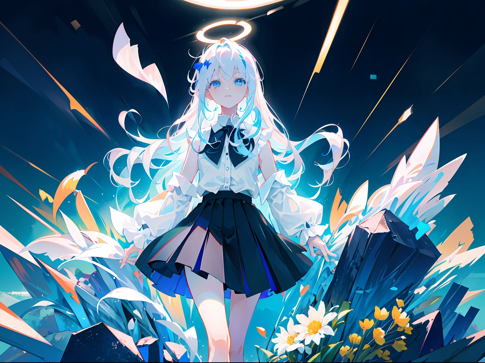 Best quality, super high resolution, (realism: 1.4), 1 woman, sleeveless white button-down shirt, black skirt, black collar, (Kpop idol), (aegyo sal:1), (white gold: 1), (puffy eyes)), looking at the audience, full body, flowers, blue eyes, long hair