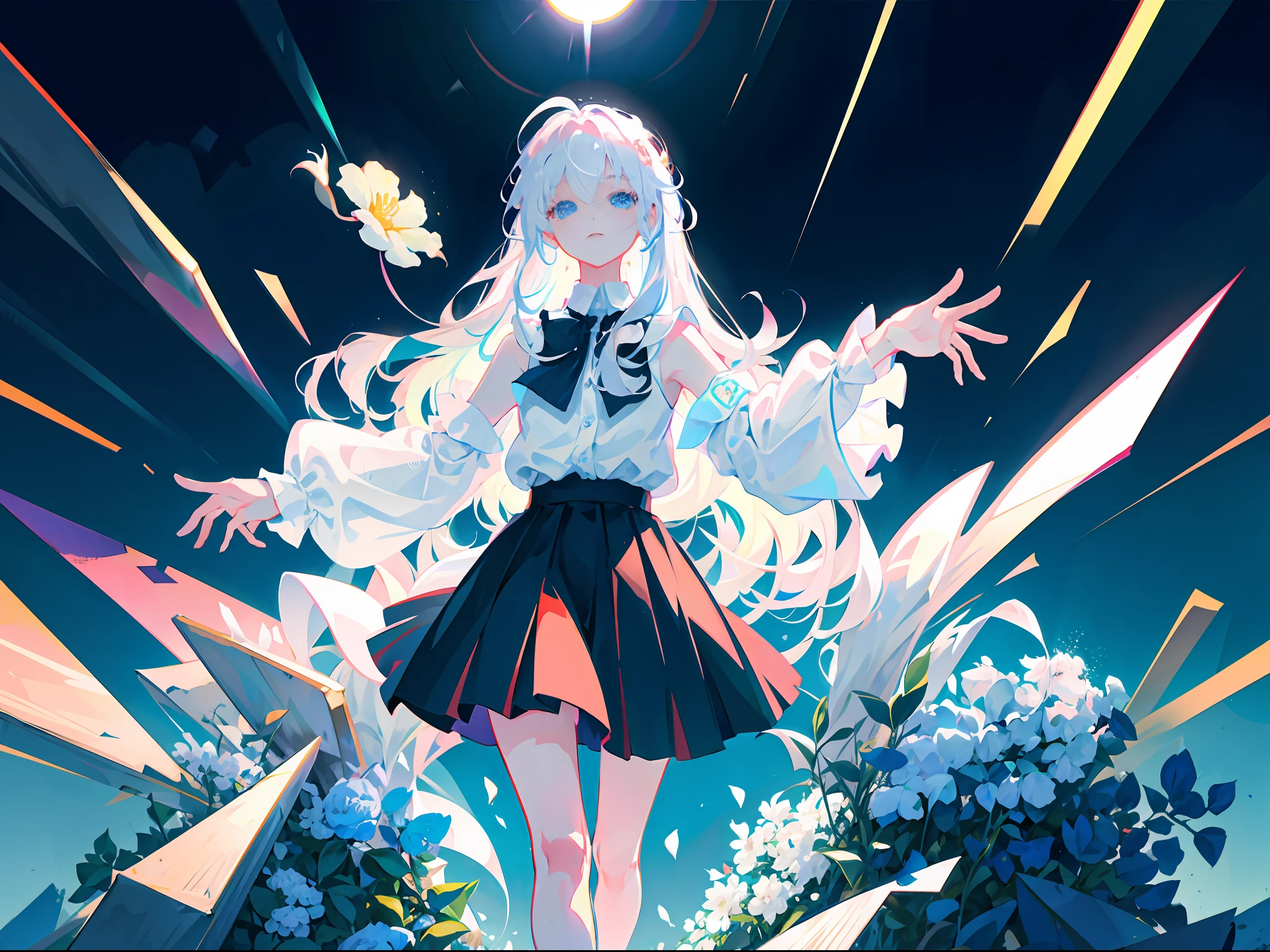 Best quality, super high resolution, (realism: 1.4), 1 woman, sleeveless white button-down shirt, black skirt, black collar, (Kpop idol), (aegyo sal:1), (white gold: 1), (puffy eyes)), looking at the audience, full body, flowers, blue eyes, long hair