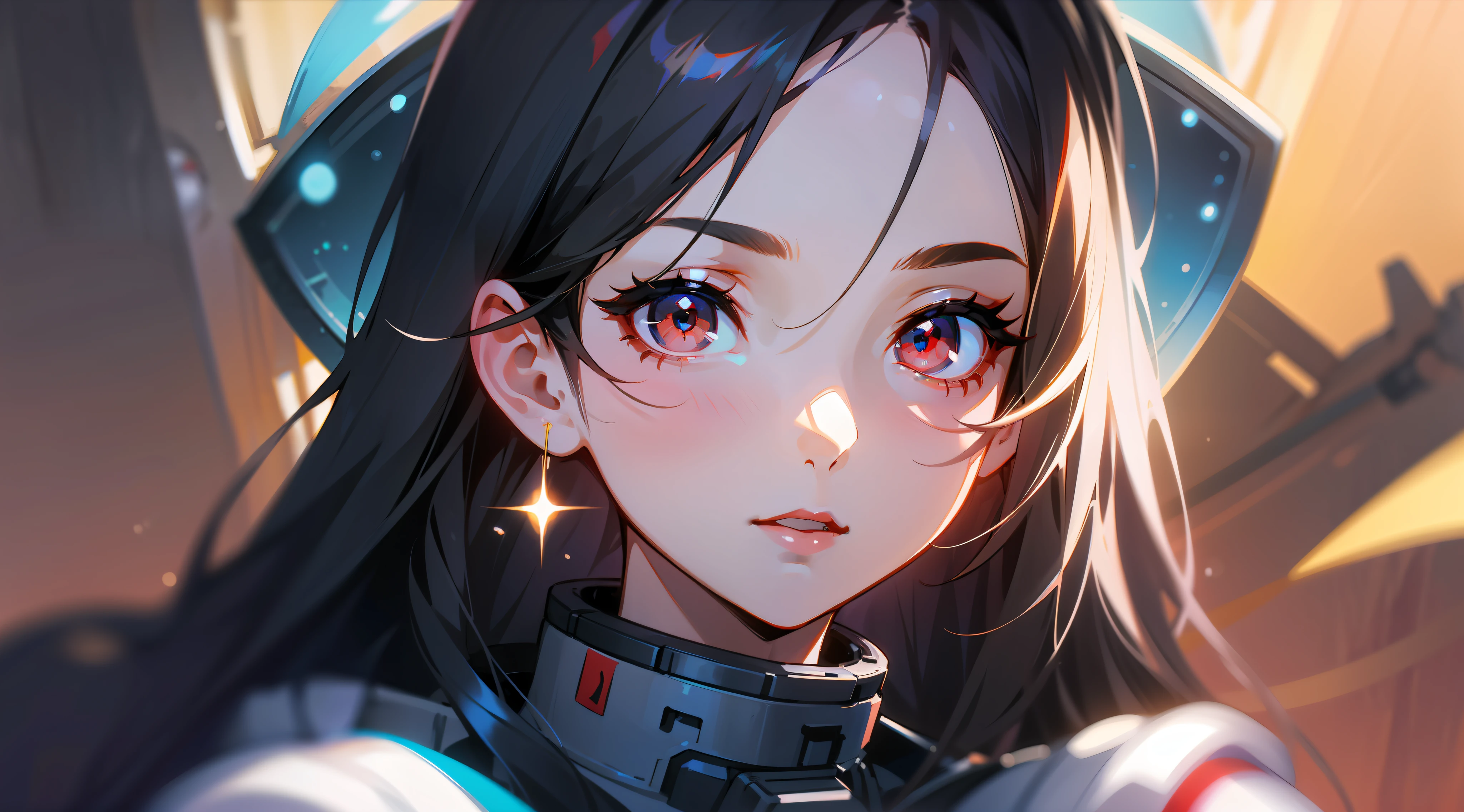 1girl, flat chest, cute, beautiful and detailed eyes, life on the space station, mirror props, shiny hair, visible through hair, hair between the eyes, white monochrome, , Soviet Union, communism, black hair, red eyes, vampires, girl, poor breasts, space suit: blurred foreground, HD, depth of field, bokeh, bust, medium shot, 56mm lens