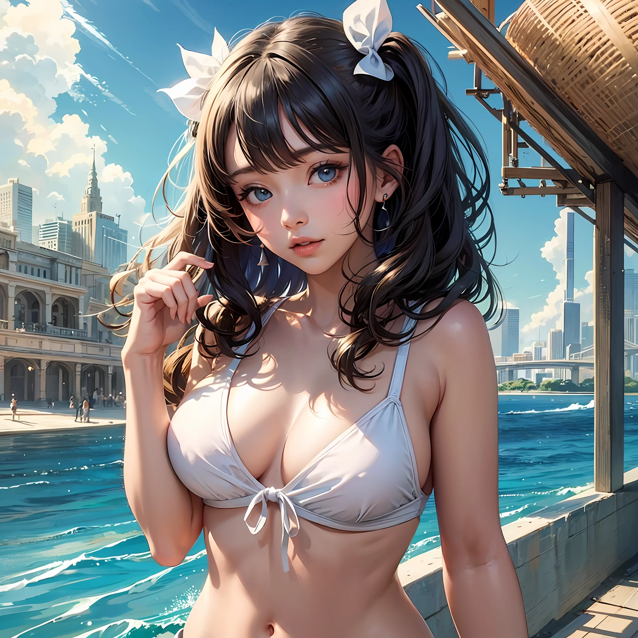 Beautiful girl white string swimsuit twin tail curl big sandy, --auto --s2