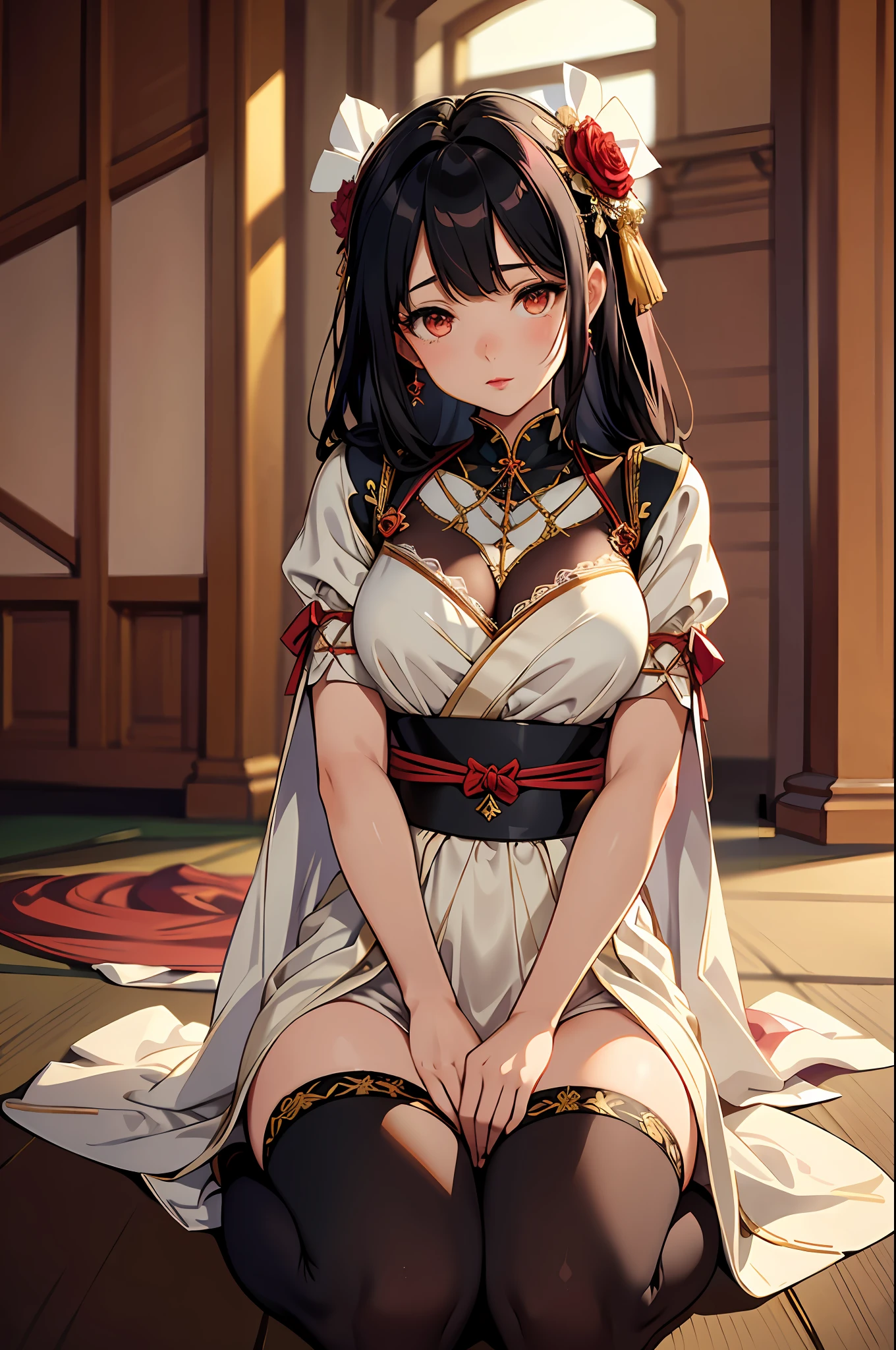 best quality, masterpiece, (extremely delicate and beautiful:1.2), 
blurry background, looking at viewer, 
1girl, solo, fashi-girl, red lips, blush, bdsm, bodysuit, kimono, shibari, collar, breasts out, bound arms, arms on thighs, seiza sitting, leaning forward, yellow eyes, black hair, glowing eyes yellow, kneeling