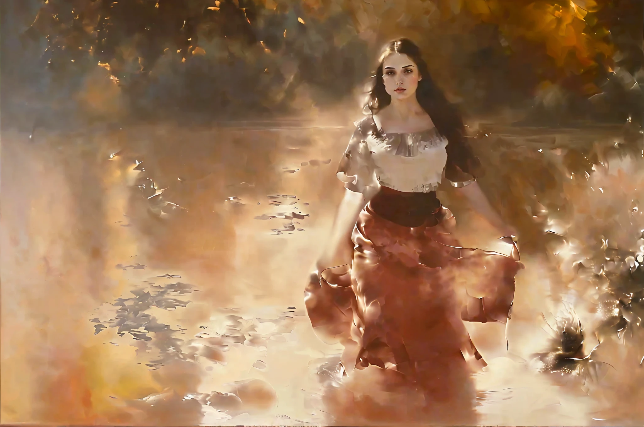 Brooke Shields,FEMININE,((PERFECT FACE)),((SEXY FACE)),((DETAILED PUPILS)).ROLF ARMSTRON,TOM BAGSHAW. OIL PAINTING. (((LARGE BREAST)),((TONED ABS)),(THICK THIGH).EVOCATIVE POSE, SMIRK,LOOK AT VIEWER, ((BLOUSE)).(INTRICATE),(HIGH DETAIL),SHARP