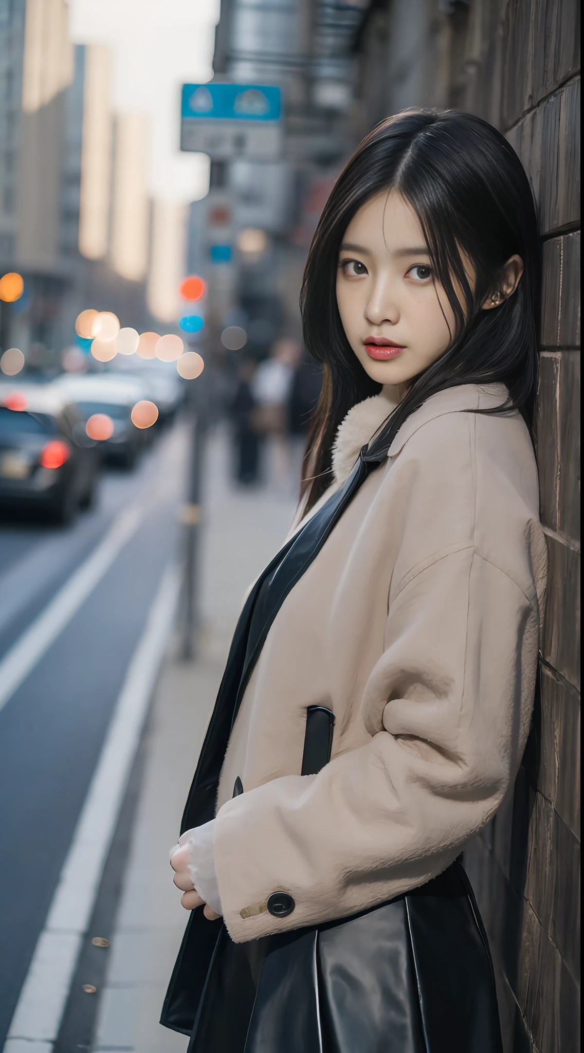 Ultra HD, masterpiece, highest resolution, highest detail, chiaroscuro, a young and beautiful woman, black hair, beautiful eyes, long eyelashes, sad expression, human eye perspective, wearing a black coat, blue short skirt, standing on the road