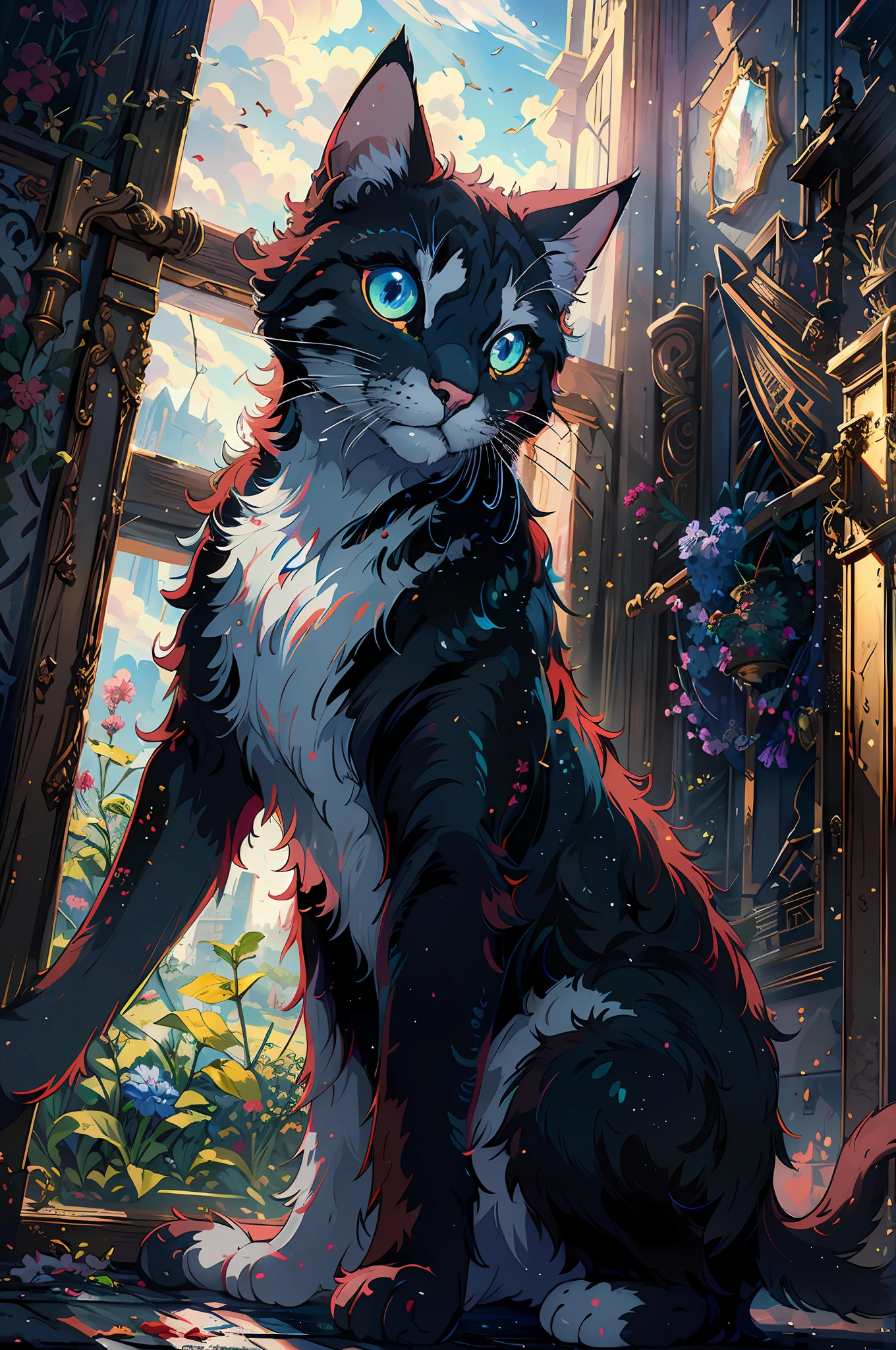 (masterpiece), (best quality), (official art, extremely detailed CG unity 8k wallpaper), (highly detailed), ((absurdres)),((cat)),extremely detailed eyes,queen of ecstasy,goddess,powerful,majestic,style of madhouse studio anime,fantasy,medieval,curtains,respectful expression,calm,