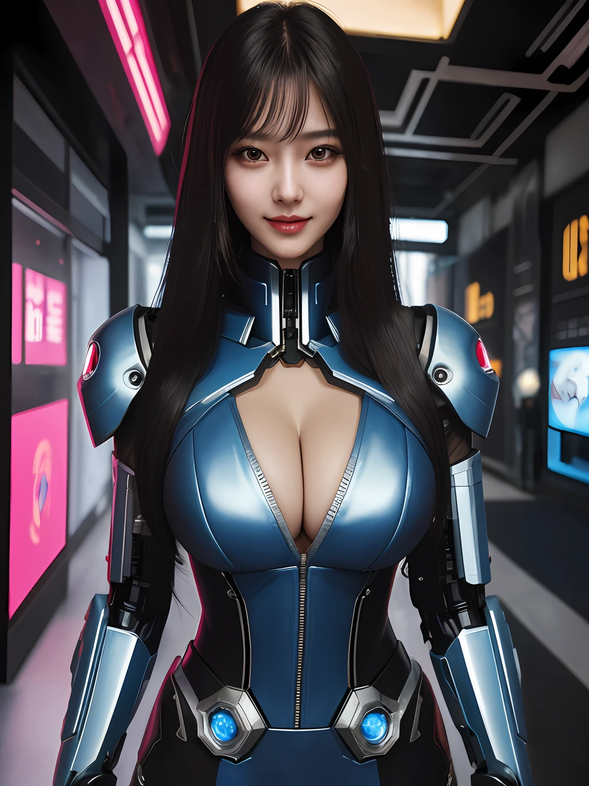 (8k, masterpiece, best quality), super detailed, details beautiful round eyes, beautiful detailed face, high quality, high definition, cyberpunk girl in sexy costume, ((big)), mecha girl, long straight hair, ruined, elegant, lascivious, erotic, smile, cleavage, emphasized, open cleavage, old face, 30 year old woman --s2