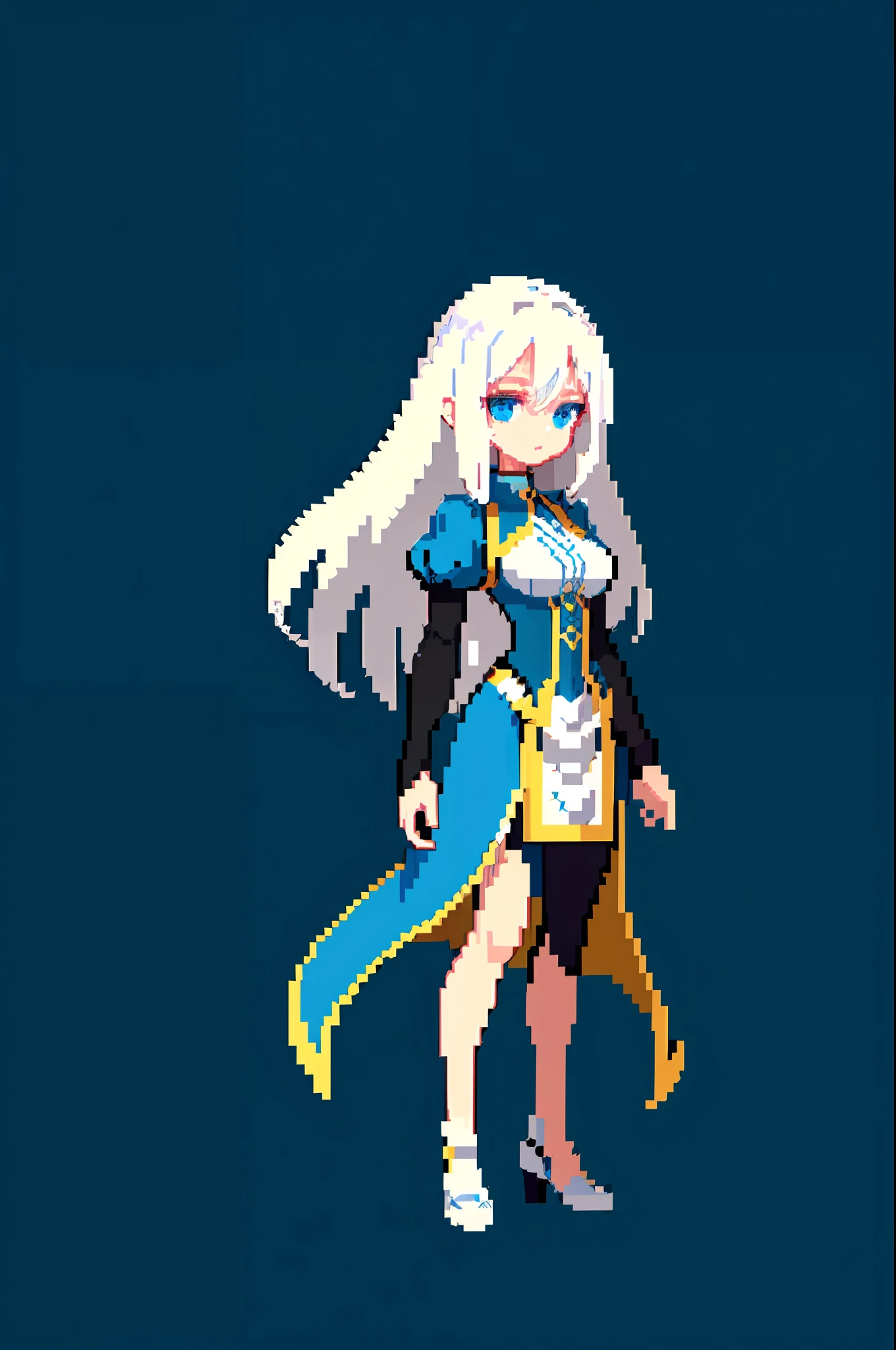 (masterpiece, highest quality, highest quality), pixels, pixel art, 1 girl, full body, long white hair, blue eyes