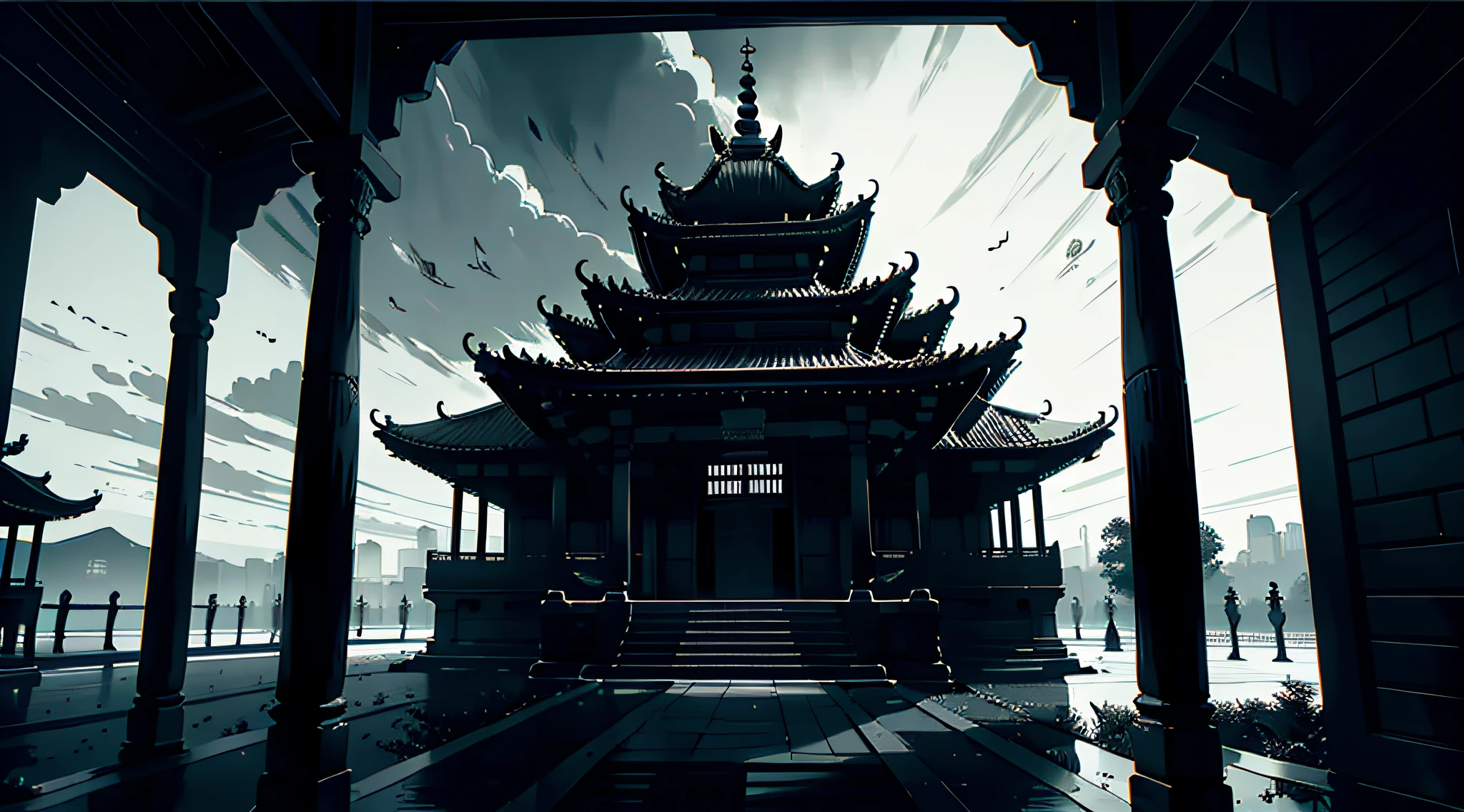 (Temple: 1.2), panorama, high contrast, black and white or warm colors, night view or dusk, ornate carved details, antique atmosphere.