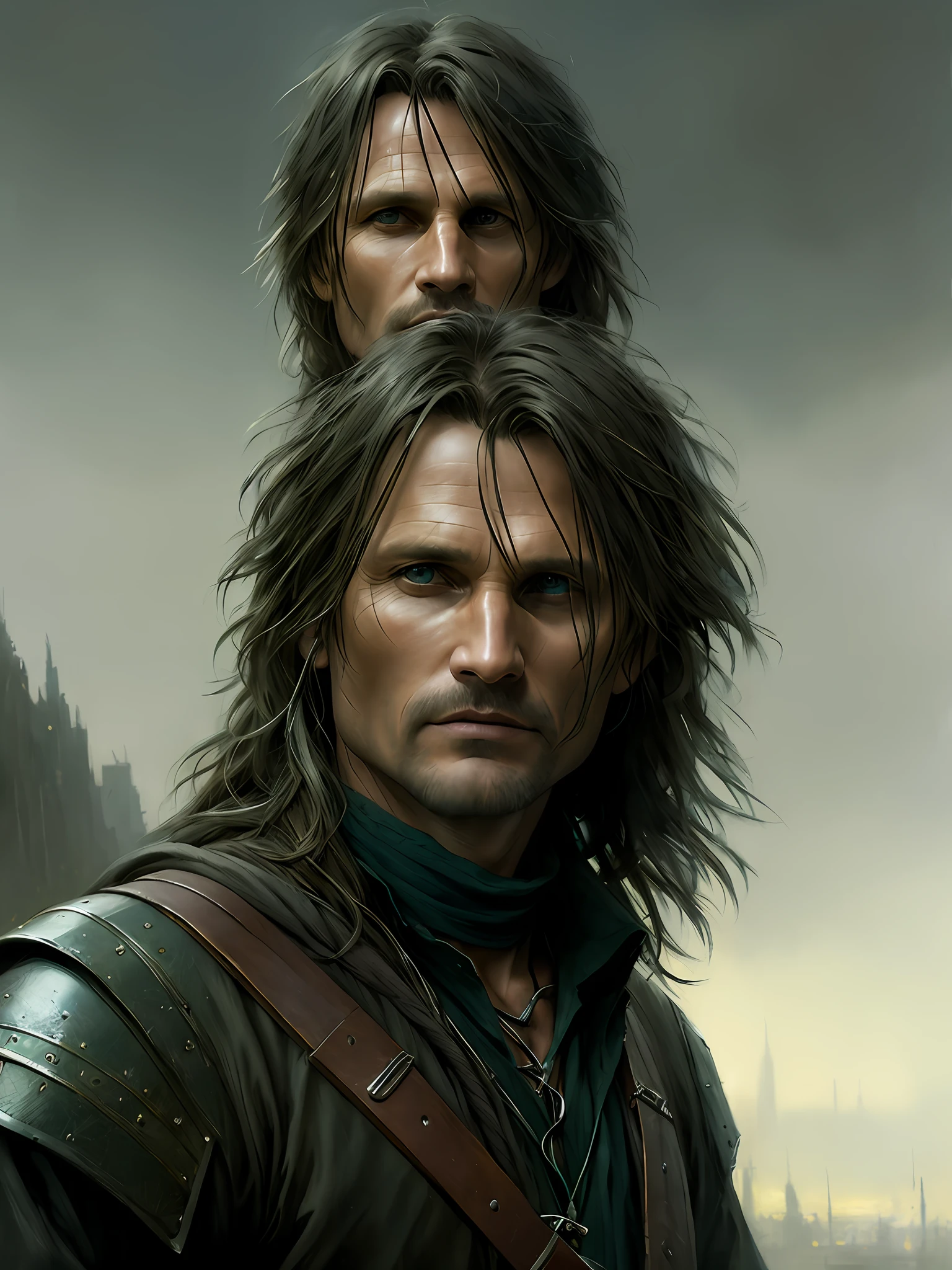 High detail RAW color art, animation,
(Viggo Mortensen:1.2) as Aragorn of LOTR,
long hair, ranger, light leather armor, stronge,
magical atmosphere, (detailed skin, skin texture), intricately detailed, fine detail, hyperdetailed, raytracing, subsurface scattering, diffuse soft lighting, shallow depth of field, by (Oliver Wetter)
Atey Ghailan, by Jeremy Mann, Greg Manchess, Antonio Moro, trending on ArtStation, trending on CGSociety, Intricate, High Detail, Sharp focus, dramatic, photorealistic painting art by midjourney and greg rutkowski, bokeh on background