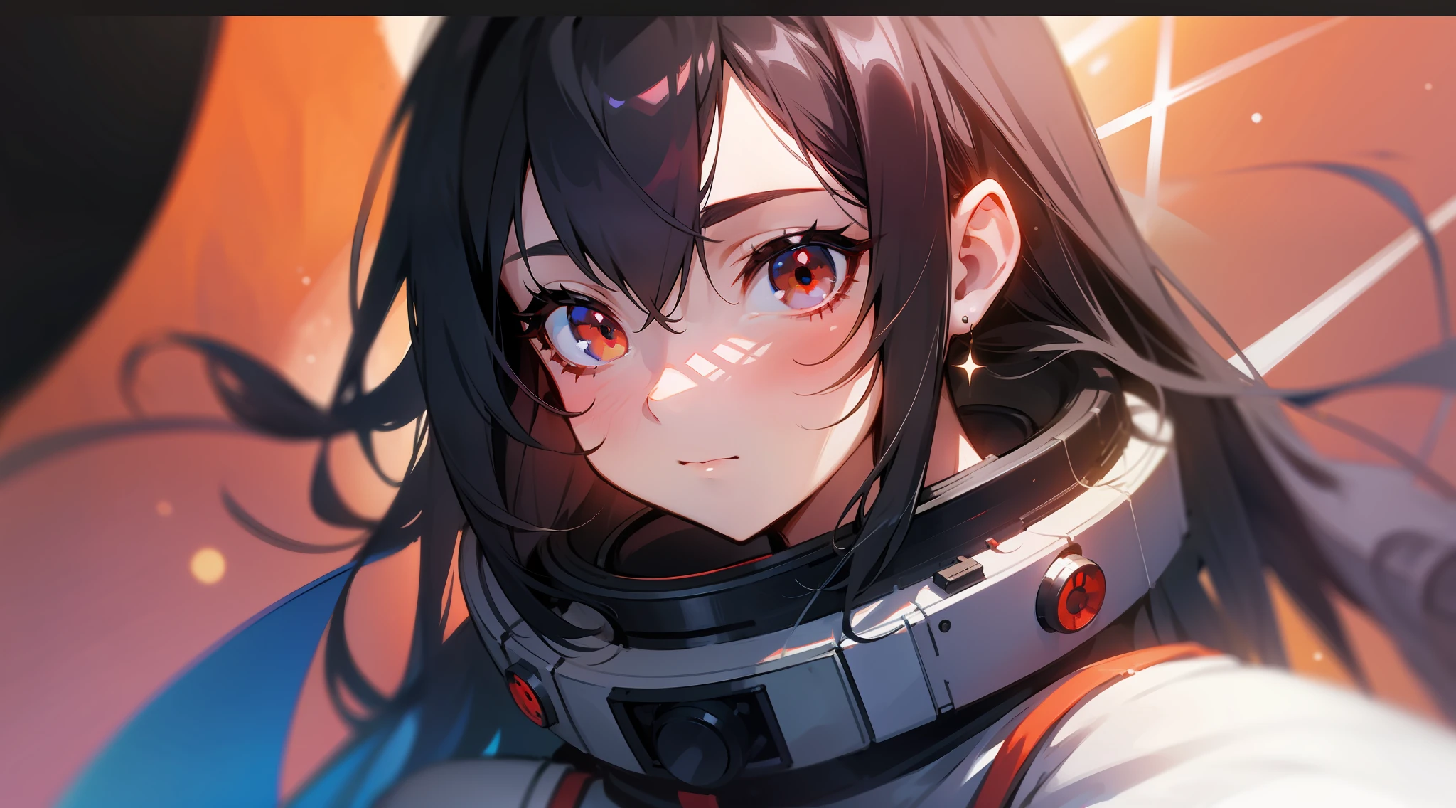 1girl, flat chest, cute, beautiful and detailed eyes, life on the space station, mirror props, shiny hair, visible through hair, hair between the eyes, white monochrome, , Soviet Union, communism, black hair, red eyes, vampires, girl, poor breasts, space suit: blurred foreground, HD, depth of field, bokeh, bust, medium shot, 56mm lens