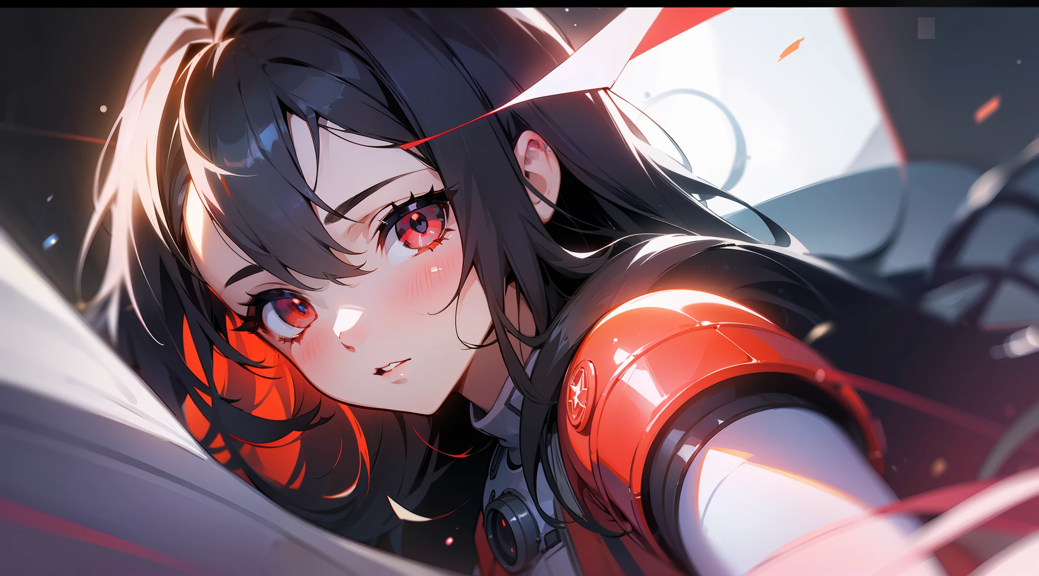 1girl, flat chest, cute, beautiful and detailed eyes, life on the space station, mirror props, shiny hair, visible through hair, hair between the eyes, white monochrome, , Soviet Union, communism, black hair, red eyes, vampires, girl, poor breasts, space suit: blurred foreground, HD, depth of field, bokeh, bust, medium shot, 56mm lens