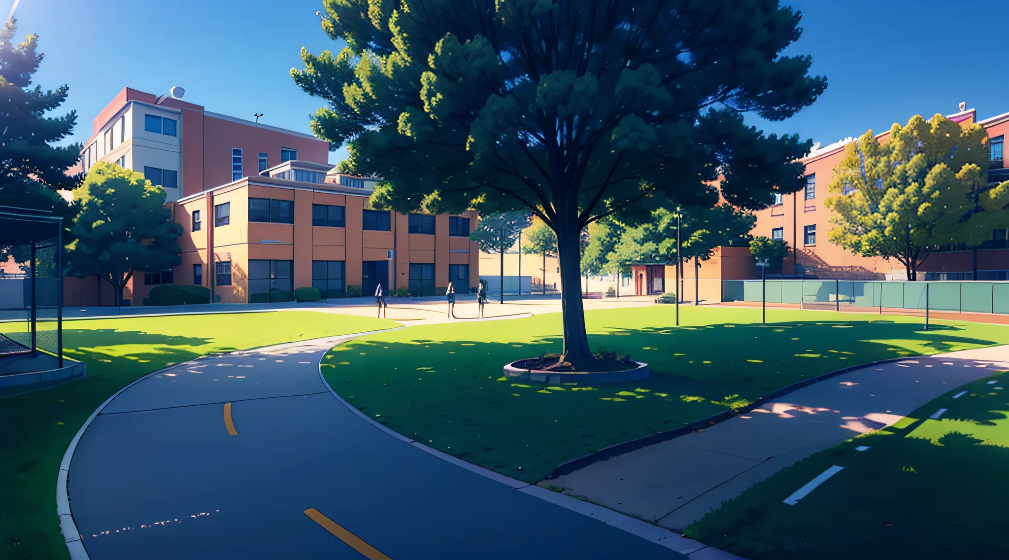 Middle school teaching buildings, empty playgrounds, tree-lined campus environment, vibrant sunshine, free students. (Panorama)