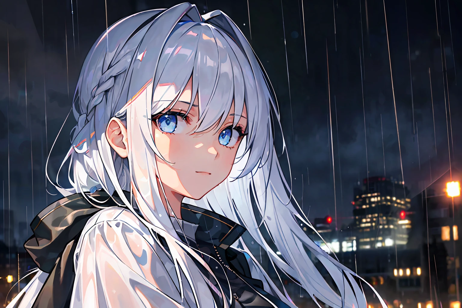 (masterpiece:1.21), (best quality:1.331), (ultra-detailed), (extremely best illustration), ((amazing)), (hyper quality), gorgeous and rich graphics, (extremely beautiful and beautiful:1.21), 8k, wallpaper, (beautiful lighting), bright light, detailed composition, ( Perfect Composition), (Beautiful Detailed Background:1.21), Rembrandt style light and shadow expression, Dark tones, (Low key and high variance color scale), ((Depth of field)), Deep shadows, Dynamic angles, From the side, upper body, radial blur, rain, (City lights, blurred background), (1girl), (Beautiful detailed eyes), Clear blue eyes, Long silver French braids, camouflage clothing, transparent, wet clothes, wet skin and wet hair, lens flare, string lights, street, masterpiece, best quality, The figure occupies a quarter of the left