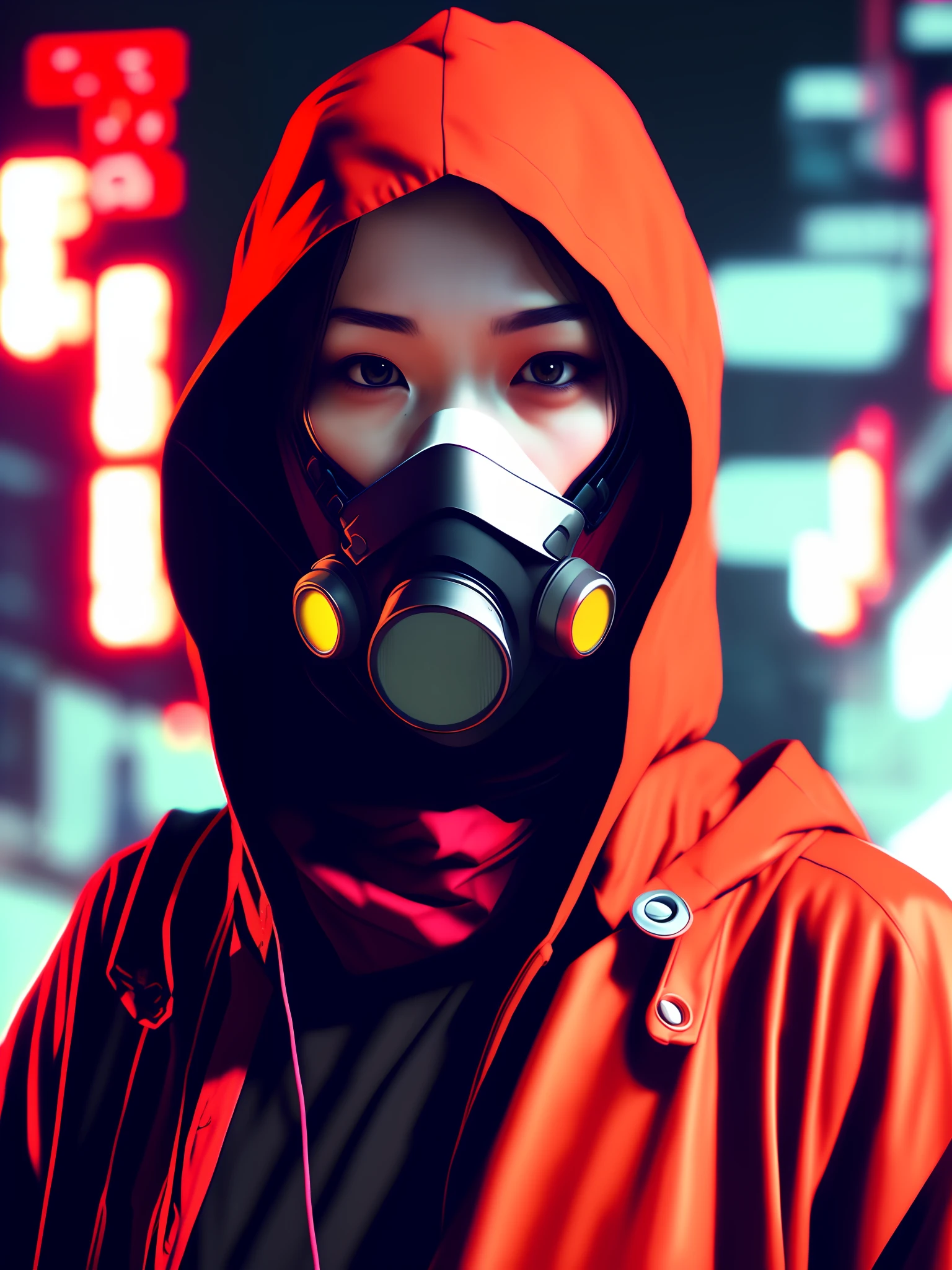 NeonNinja style, closeup portrait of person in red hood, Japan person, young woman, gas mask, factory, neon, cyberpunk,