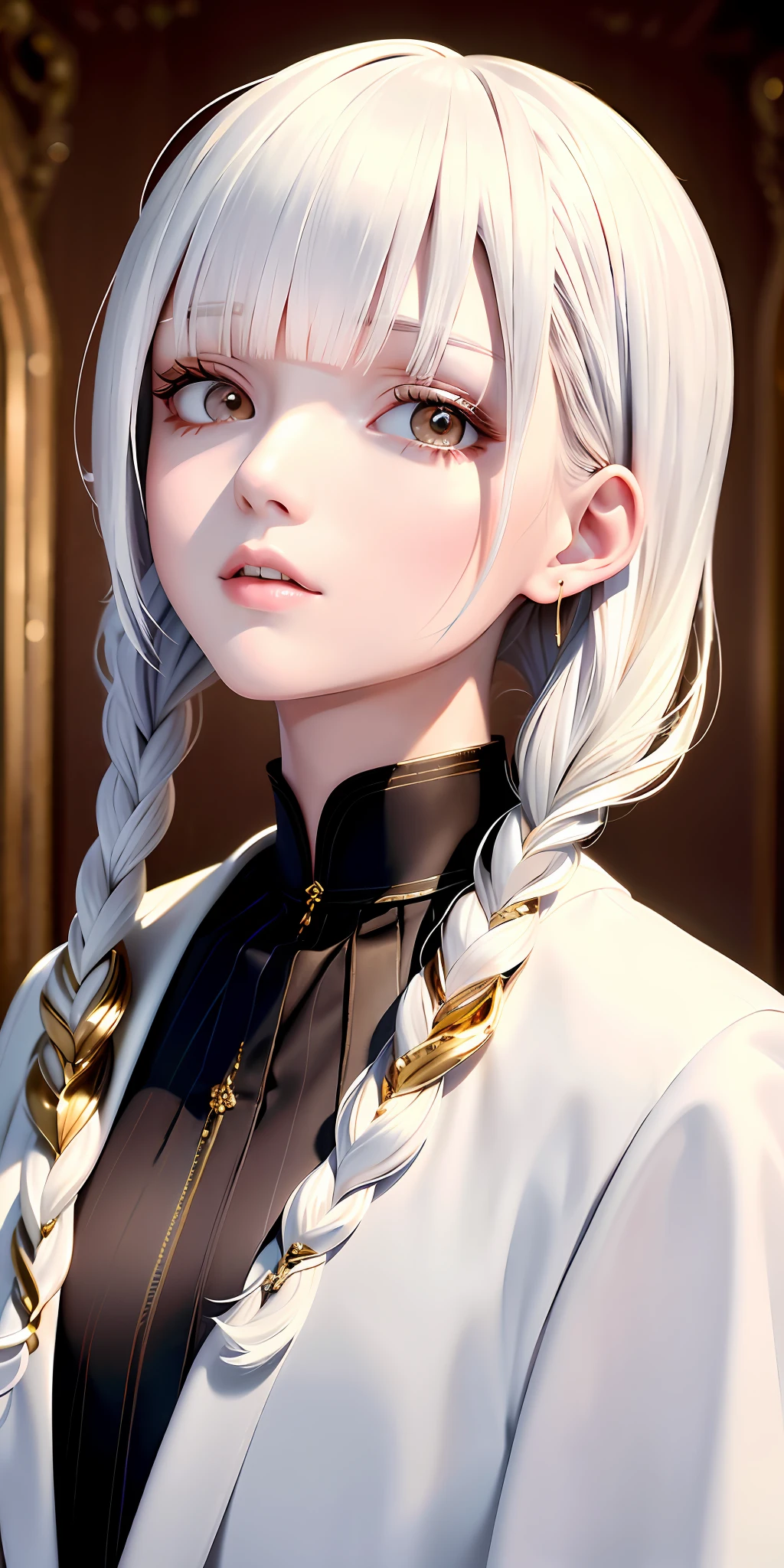 best quality, masterpiece,white hair, gold eyes,white clothes, looking up, upper body,hair strand,Fair skin,side braids